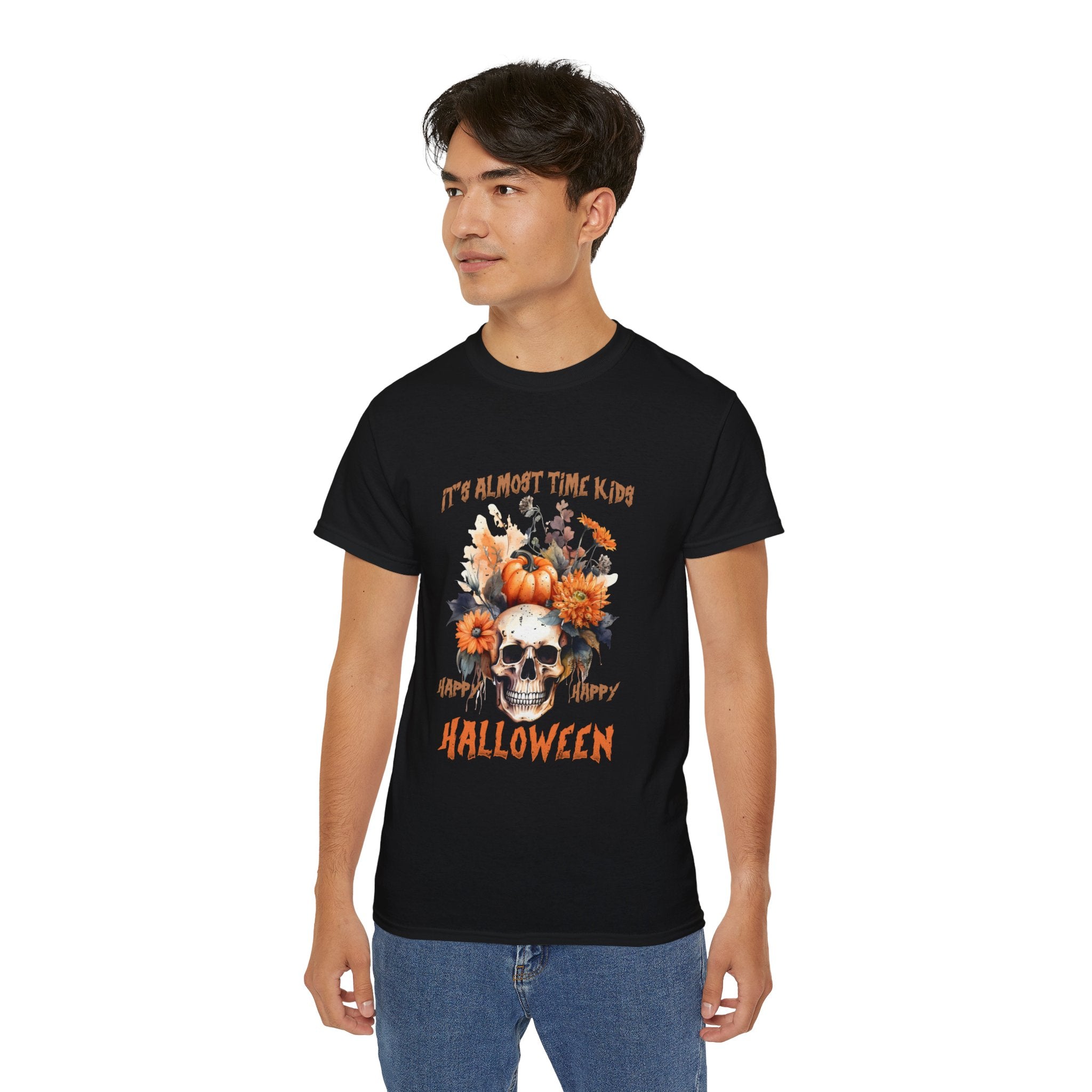 Happy Happy Halloween Skull & Pumpkin T-Shirt – Fall Floral Halloween Design