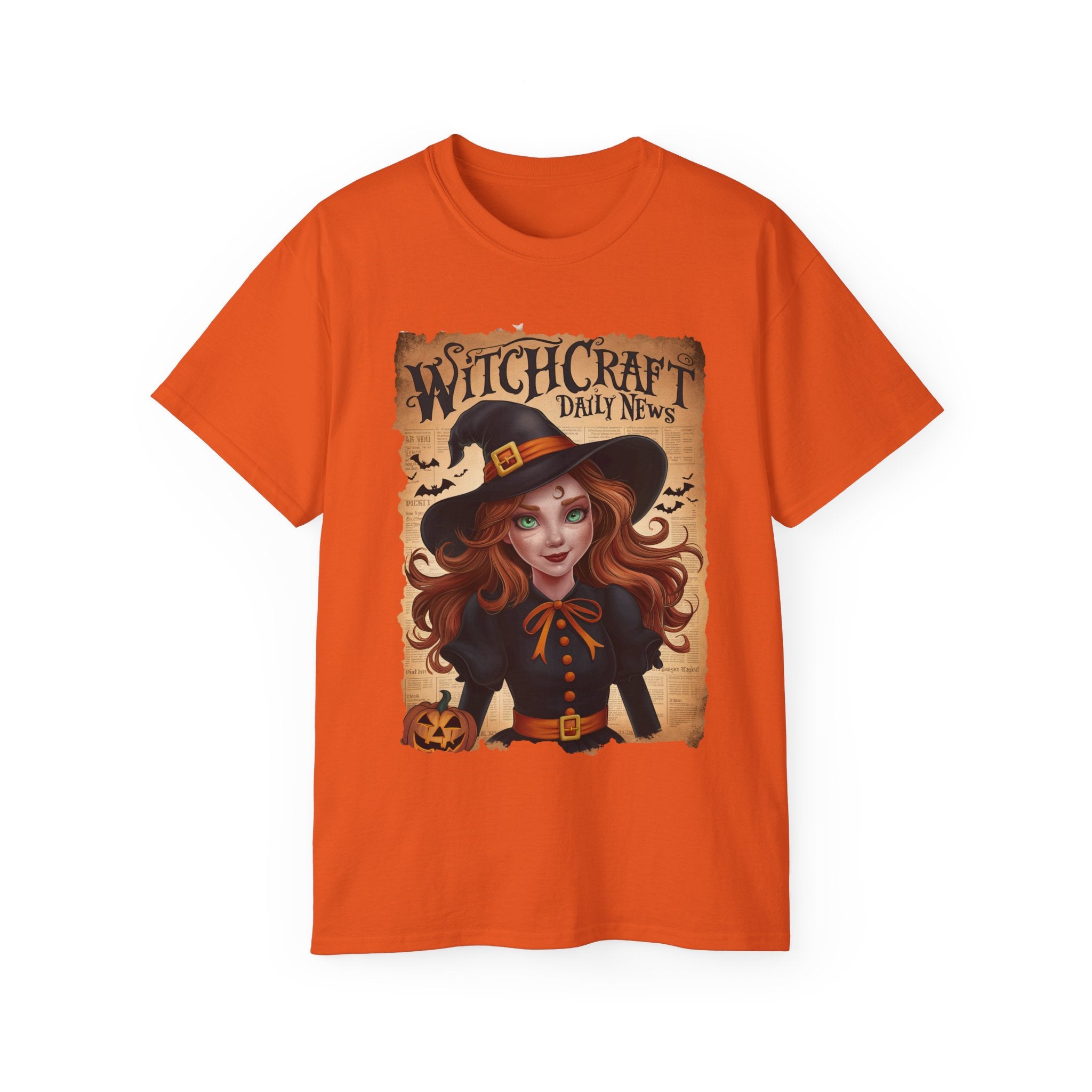 Witchcraft Daily News T-Shirt – Halloween Witch with Pumpkin Design