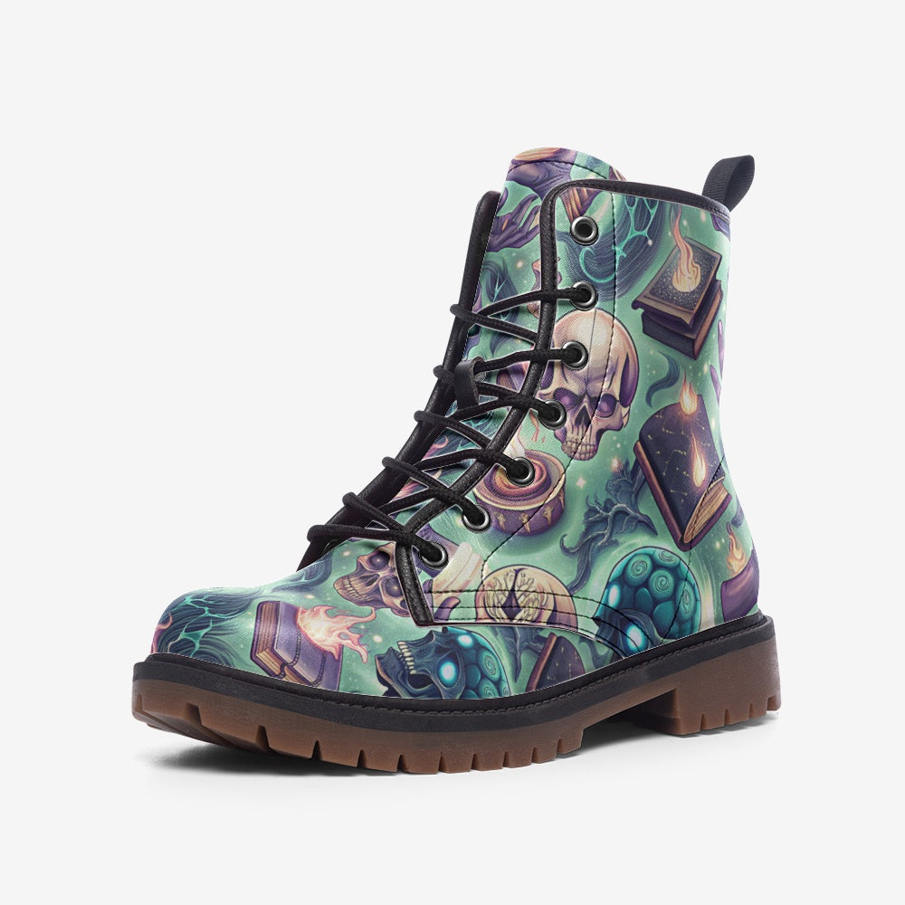 Mystic Spellbook Vegan Combat Boots – Skull & Magic Print
