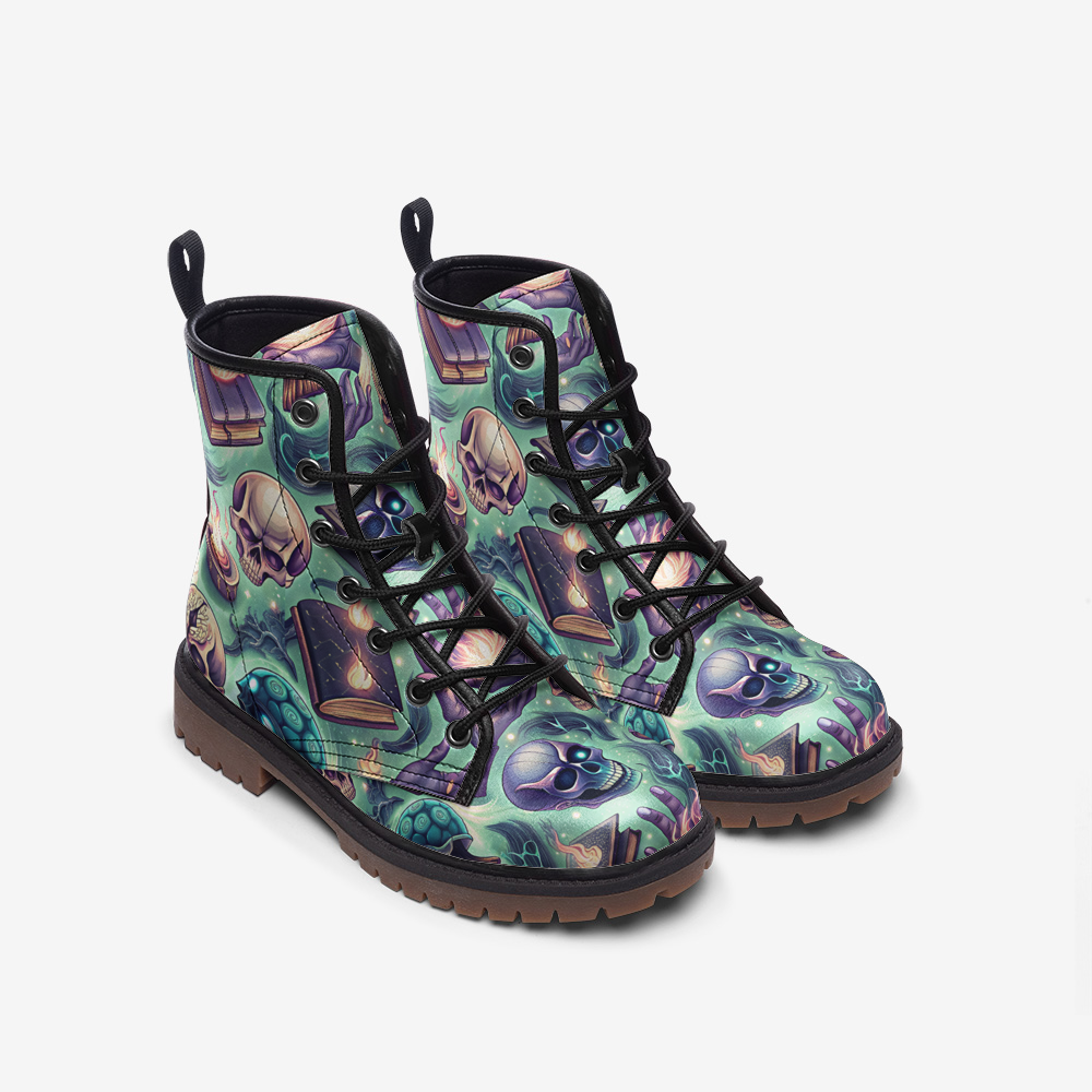 Mystic Spellbook Vegan Combat Boots – Skull & Magic Print