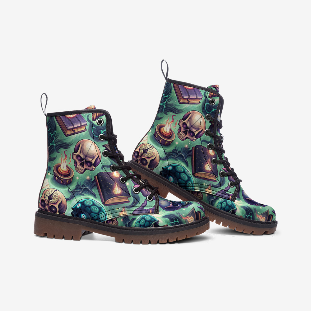 Mystic Spellbook Vegan Combat Boots – Skull & Magic Print