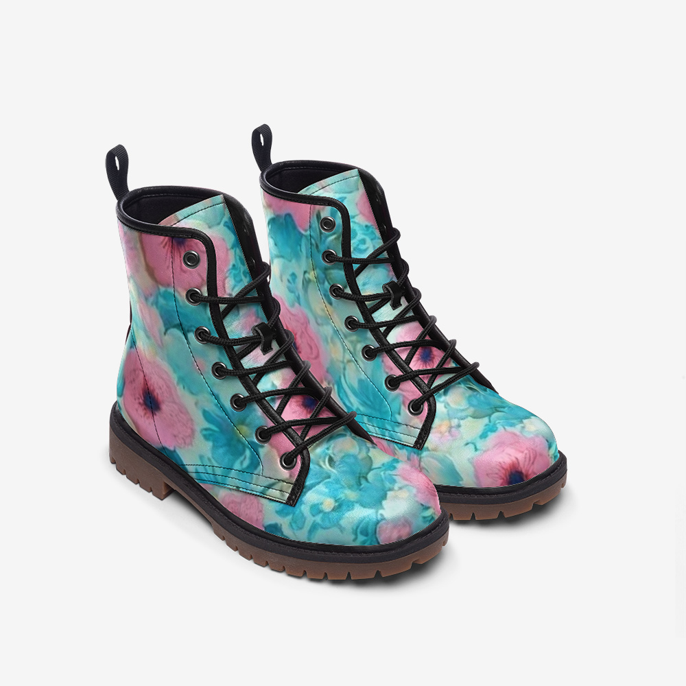 Pastel Floral Watercolor Combat Boots – Vegan Style