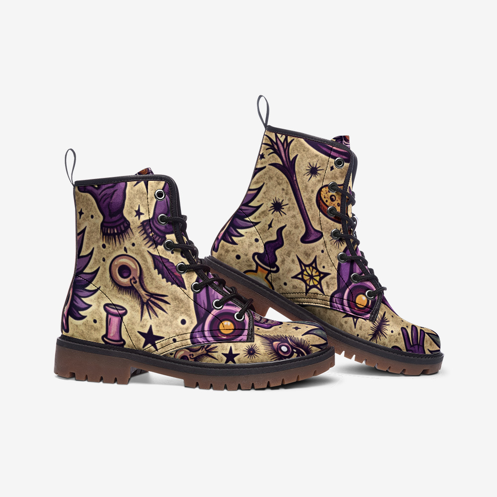 Mystic Eye Vegan Combat Boots – Purple Occult Print
