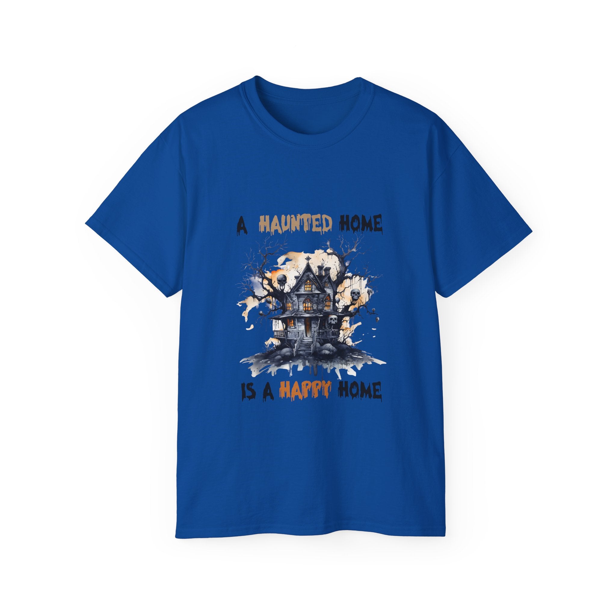 Celebrate Halloween with the "A Haunted Home Is a Happy Home" T-Shirt! Featuring a spooky haunted house and playful Halloween phrase, this royal blue t-shirt is perfect for Halloween parties and casual fall outings. Available in all sizes!