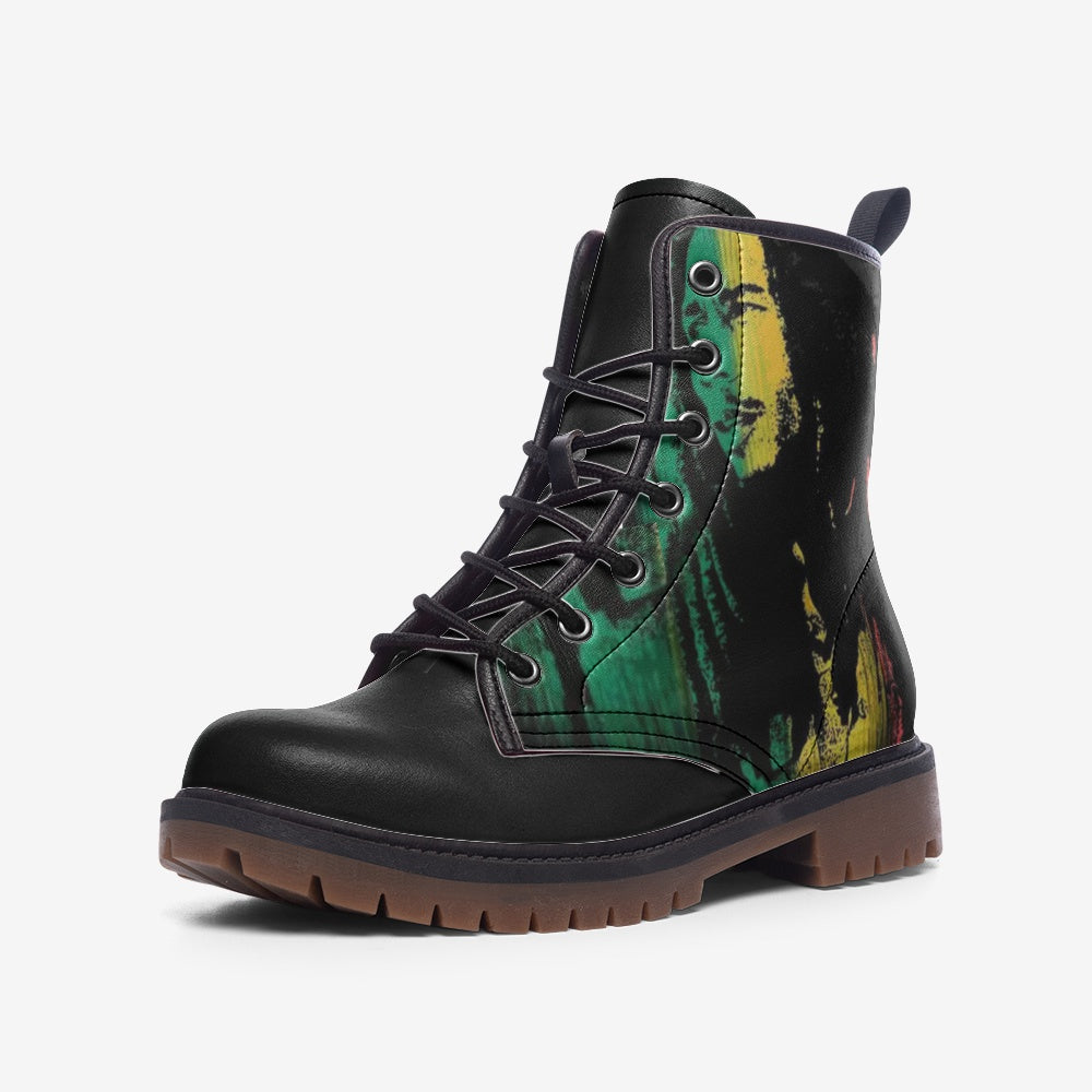 Show your love for Bob Marley and reggae music with these striking vegan combat boots. Featuring a bold Rasta design, durable vegan leather, and eco-friendly materials. Order now for worldwide shipping!