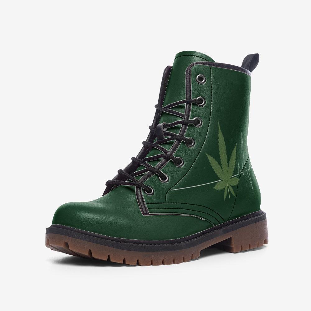 Discover the Cannabis Leaf Green Vegan Combat Boots. Made with durable vegan leather, these stylish, eco-conscious boots offer comfort and sustainability. Shop now and express your bold style!