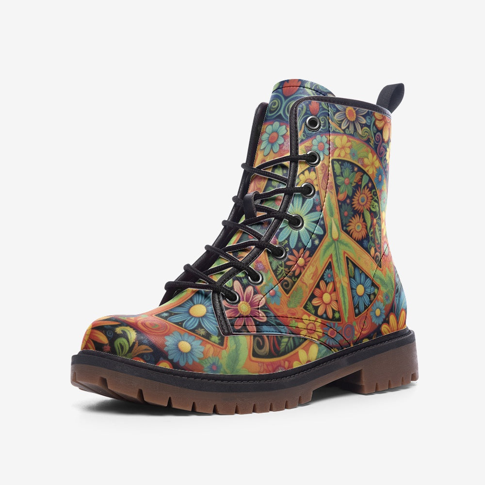 Shop vibrant Peace Flower Vegan Combat Boots for a retro look. Made with eco-friendly vegan leather, combining style and comfort. Order yours now!