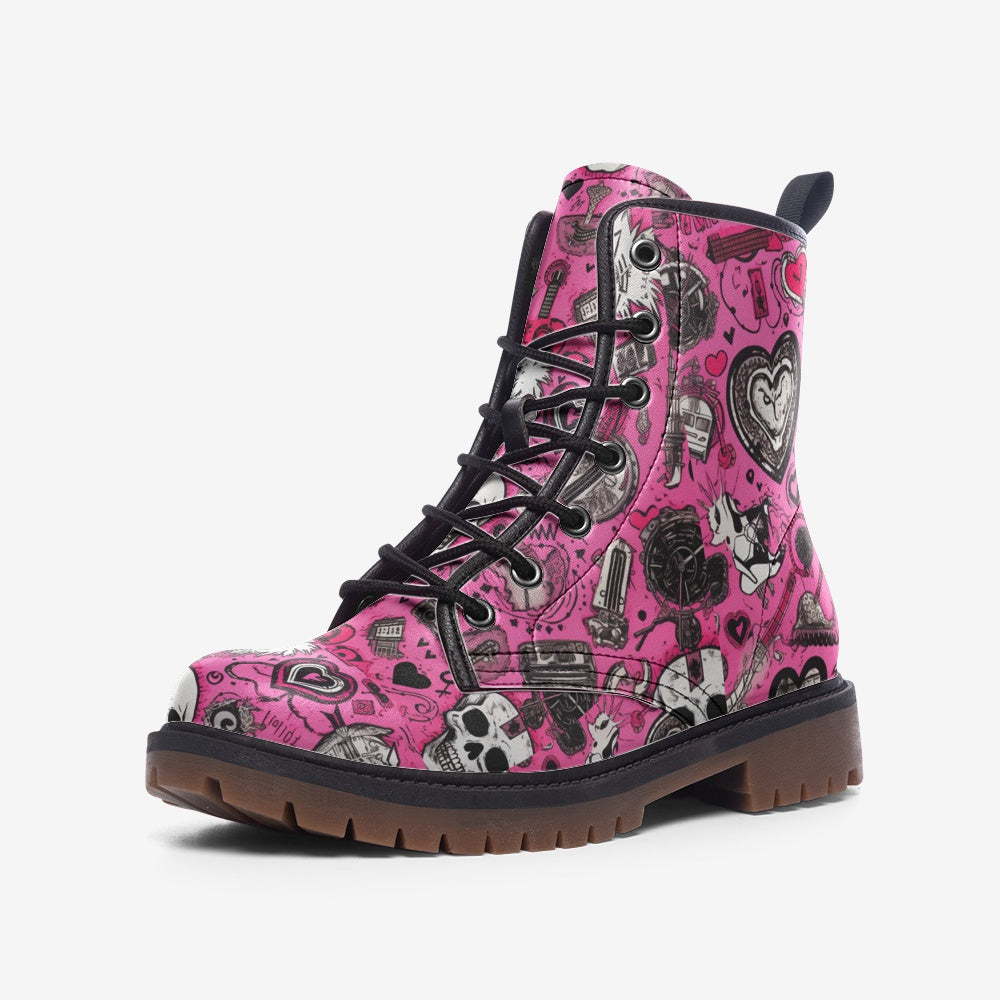 Embrace bold style with these pink skull-themed vegan combat boots. 100% cruelty-free, durable, and designed for standout comfort. Available now in all sizes.

