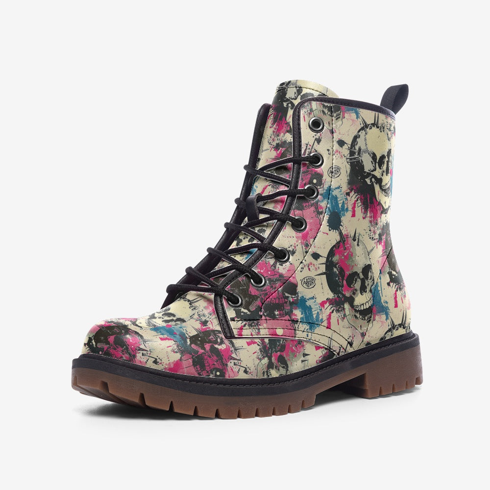 Discover our skull-themed vegan combat boots, made from eco-friendly materials for bold style and comfort. Available in all sizes, shop now for a standout look.
