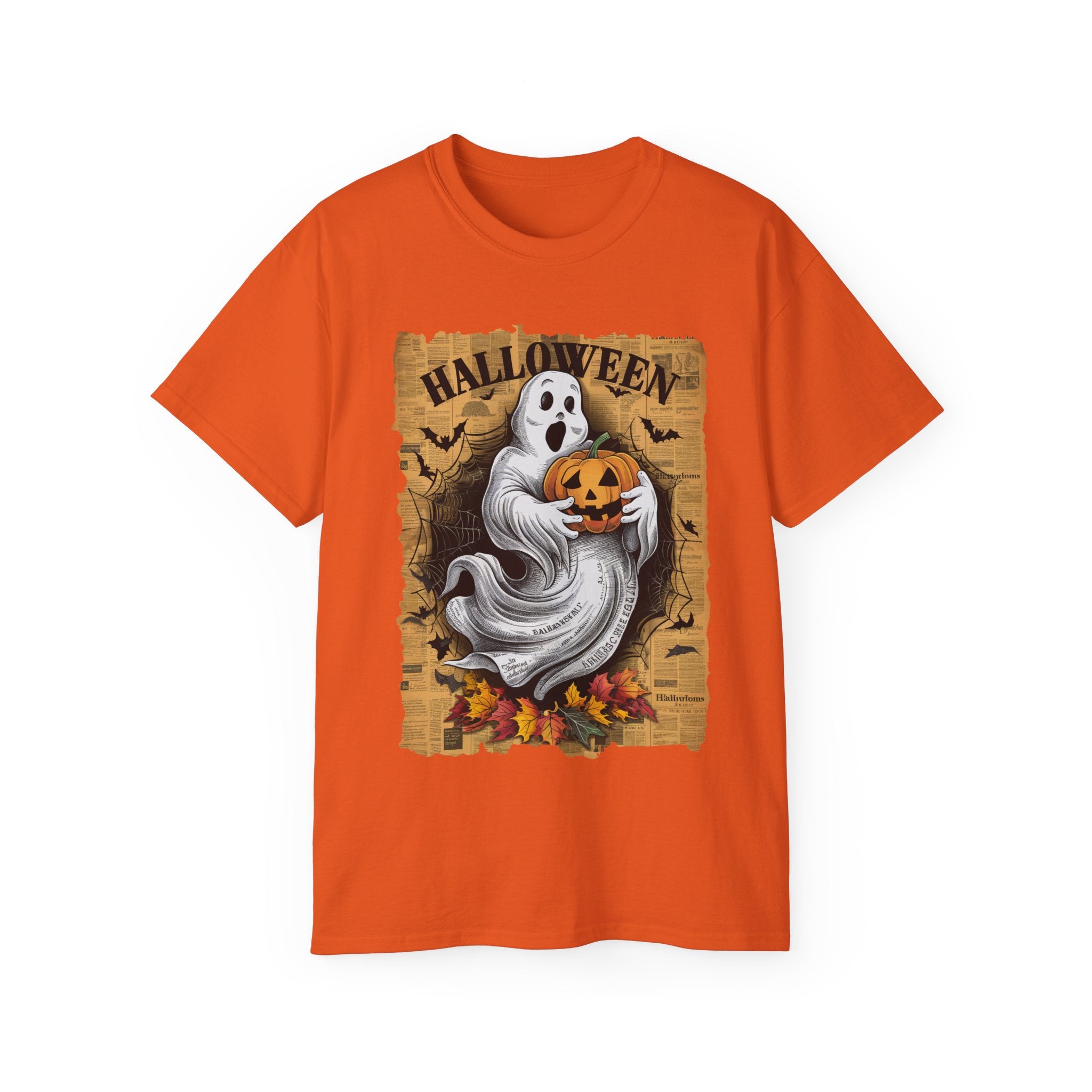 Get into the Halloween spirit with this fun Ghost and Pumpkin T-Shirt! Featuring a vintage ghost design with a pumpkin on a bright orange tee, it's perfect for Halloween parties or casual fall wear. Available in all sizes!