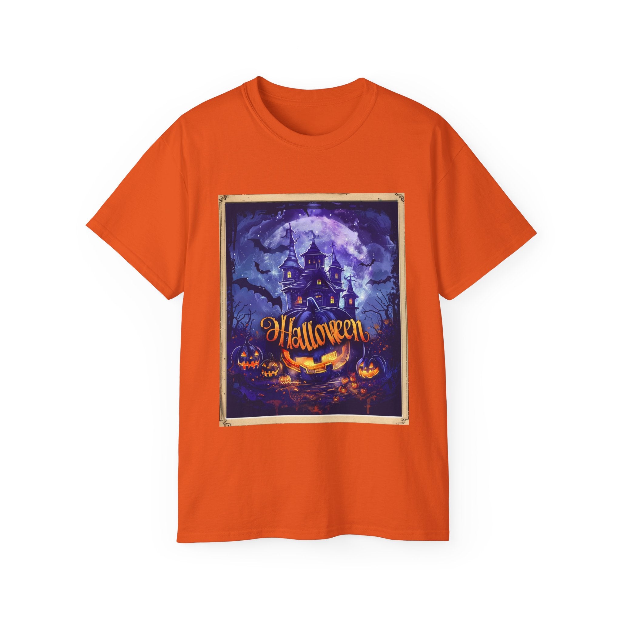 Get into the spooky spirit with this Halloween Haunted House Graphic T-Shirt! Featuring a haunted house, glowing pumpkins, and a mystical moonlit sky, this orange tee is perfect for Halloween. Available in all sizes!

