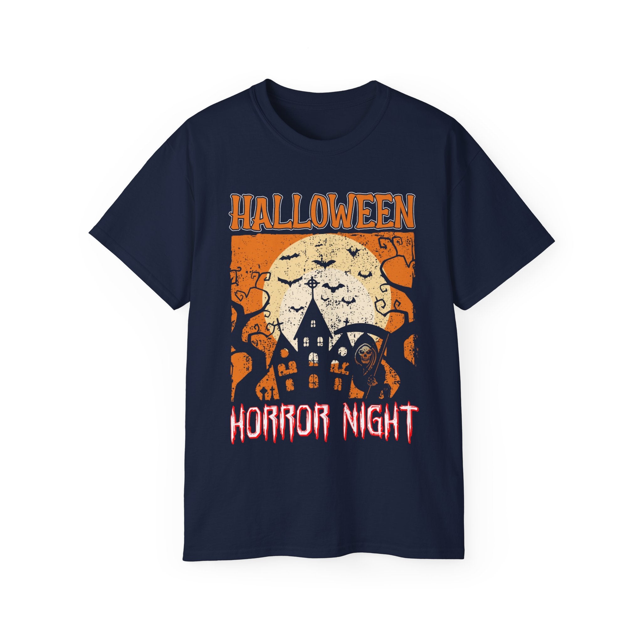 Shop the Halloween Horror Night T-Shirt in midnight navy, featuring a haunted house and creepy design. Made from 100% ethically sourced cotton, unisex fit, all sizes available.