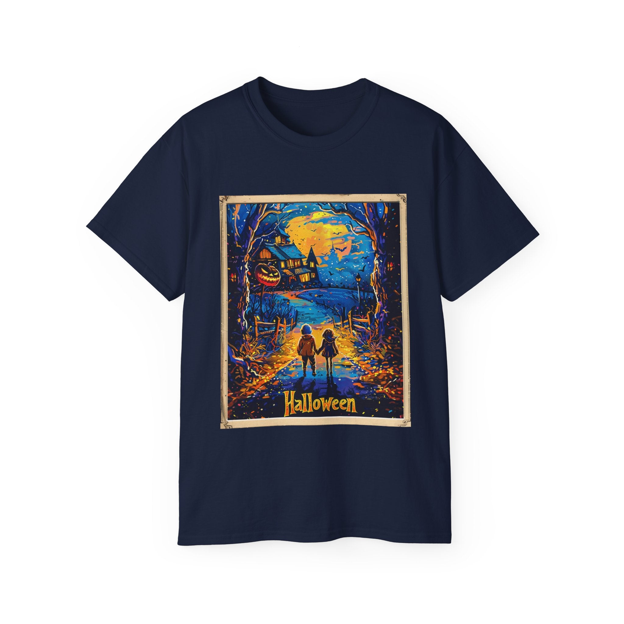 Celebrate Halloween with this spooky and vibrant Halloween Night T-Shirt! Featuring a chilling scene of children walking through a dark forest towards a haunted house under a full moon, this navy tee is perfect for the Halloween season. Available in all sizes!