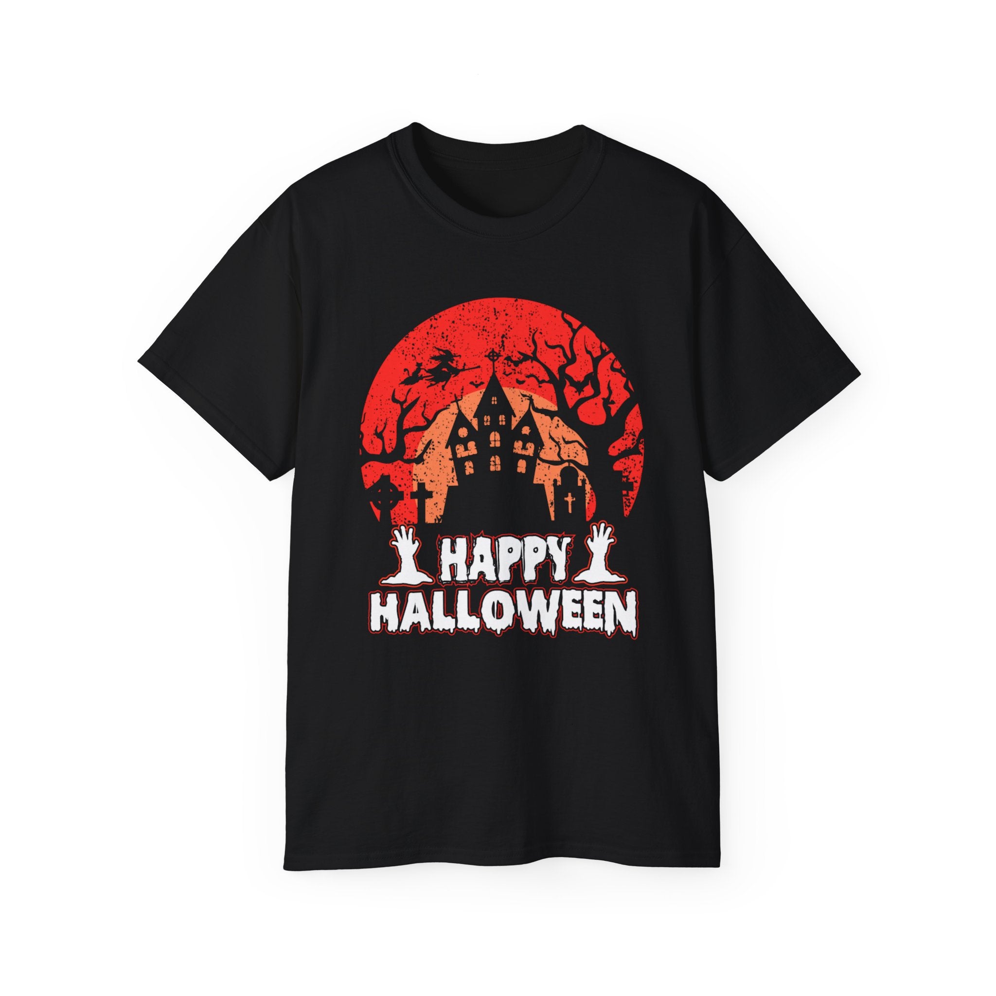 Celebrate Halloween in style with the "Happy Halloween" Haunted Castle T-shirt in Black. Made from 100% ethical cotton, this unisex t-shirt is perfect for spooky season. Available in all sizes!