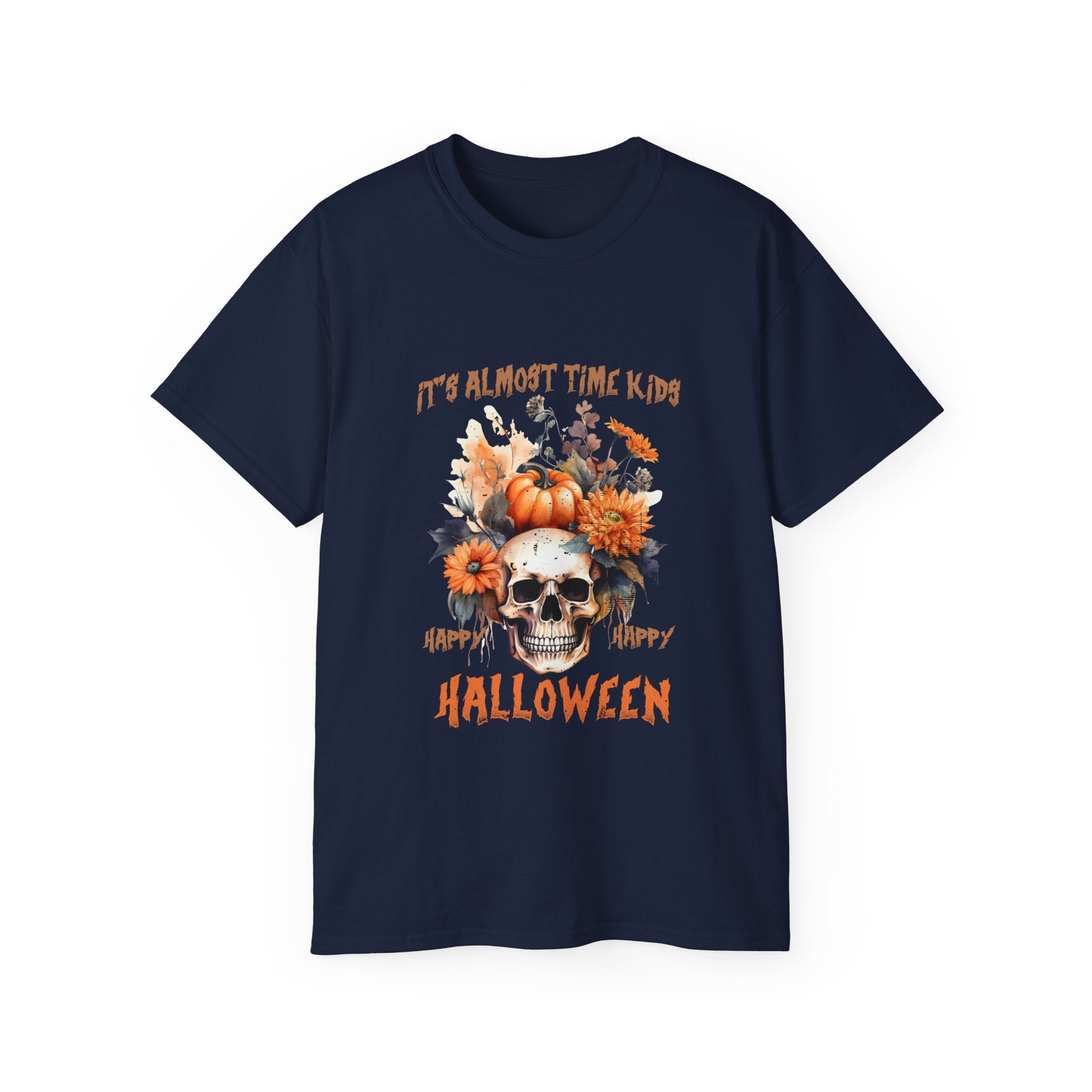 Celebrate Halloween with the Happy Happy Halloween T-Shirt! Featuring a skull, pumpkin, and autumn floral design, this navy blue shirt is perfect for Halloween parties and fall festivities. Available in all sizes!