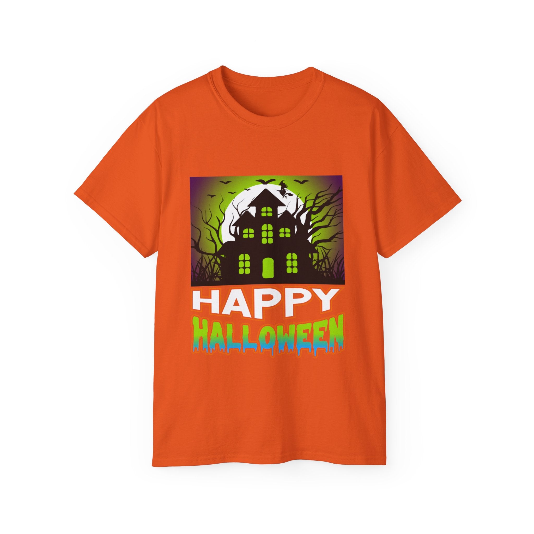 Get ready for Halloween with the "Haunted House Happy Halloween" T-shirt! Bright orange with a neon glow design, this spooky t-shirt is perfect for any Halloween event. Available in all sizes.