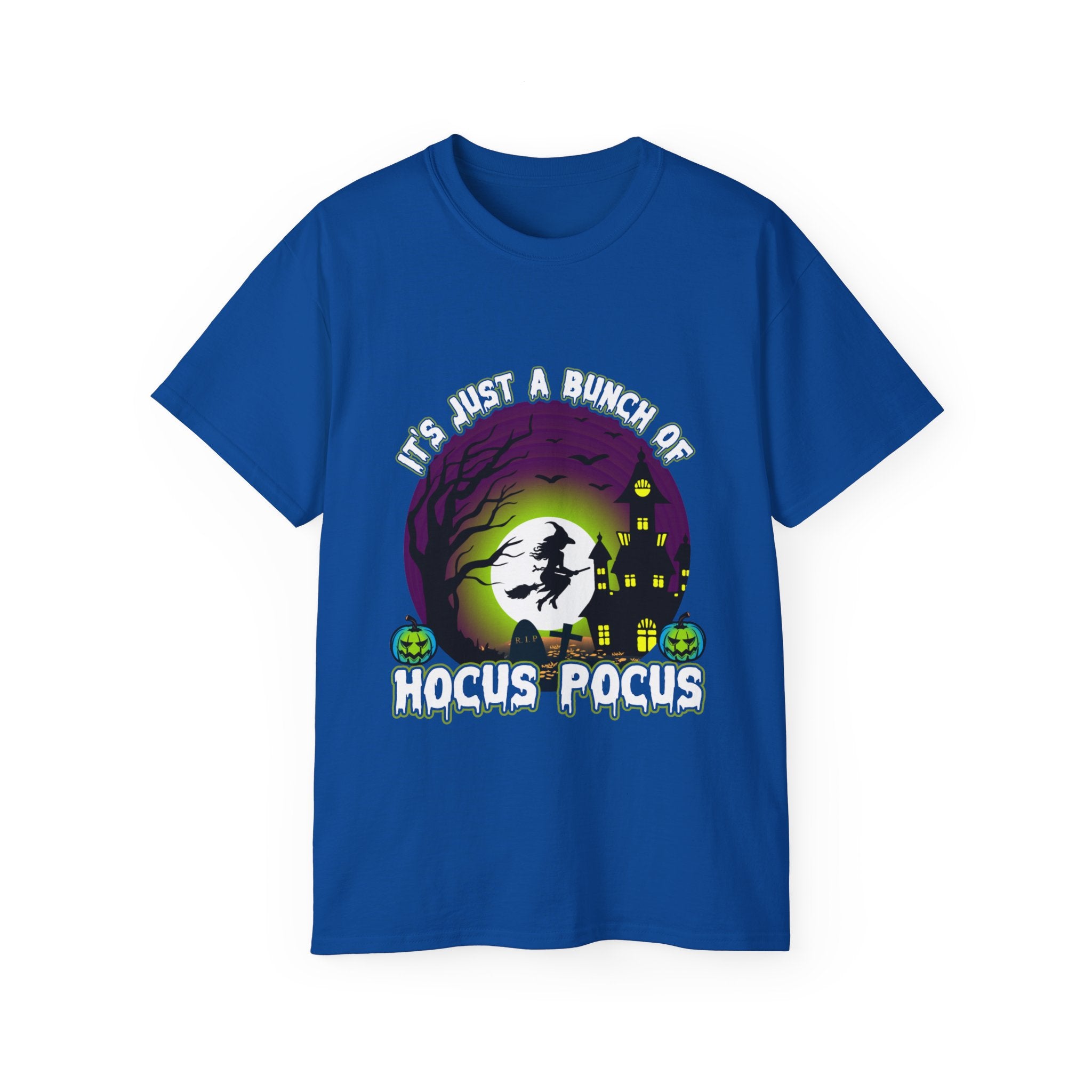 Get enchanted this Halloween with the "Hocus Pocus Magic" T-shirt! Featuring a witch flying over a full moon, this spooky blue shirt is made from 100% cotton and available in all sizes.