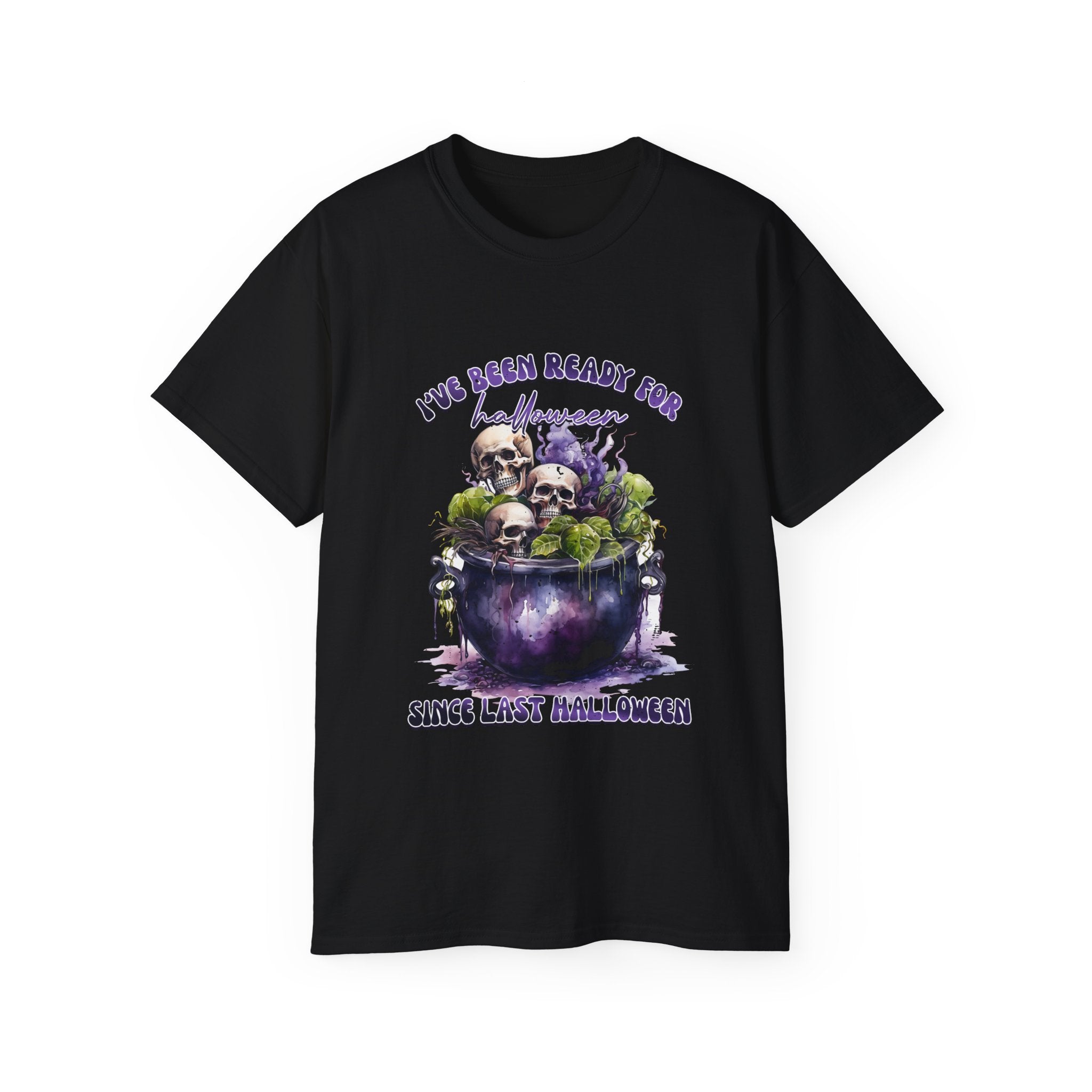 Get spooky all year long with the "I've Been Ready for Halloween" Skull Cauldron T-Shirt! Featuring a bubbling cauldron and skulls with a fun Halloween phrase, this black shirt is perfect for Halloween lovers. Available in all sizes!