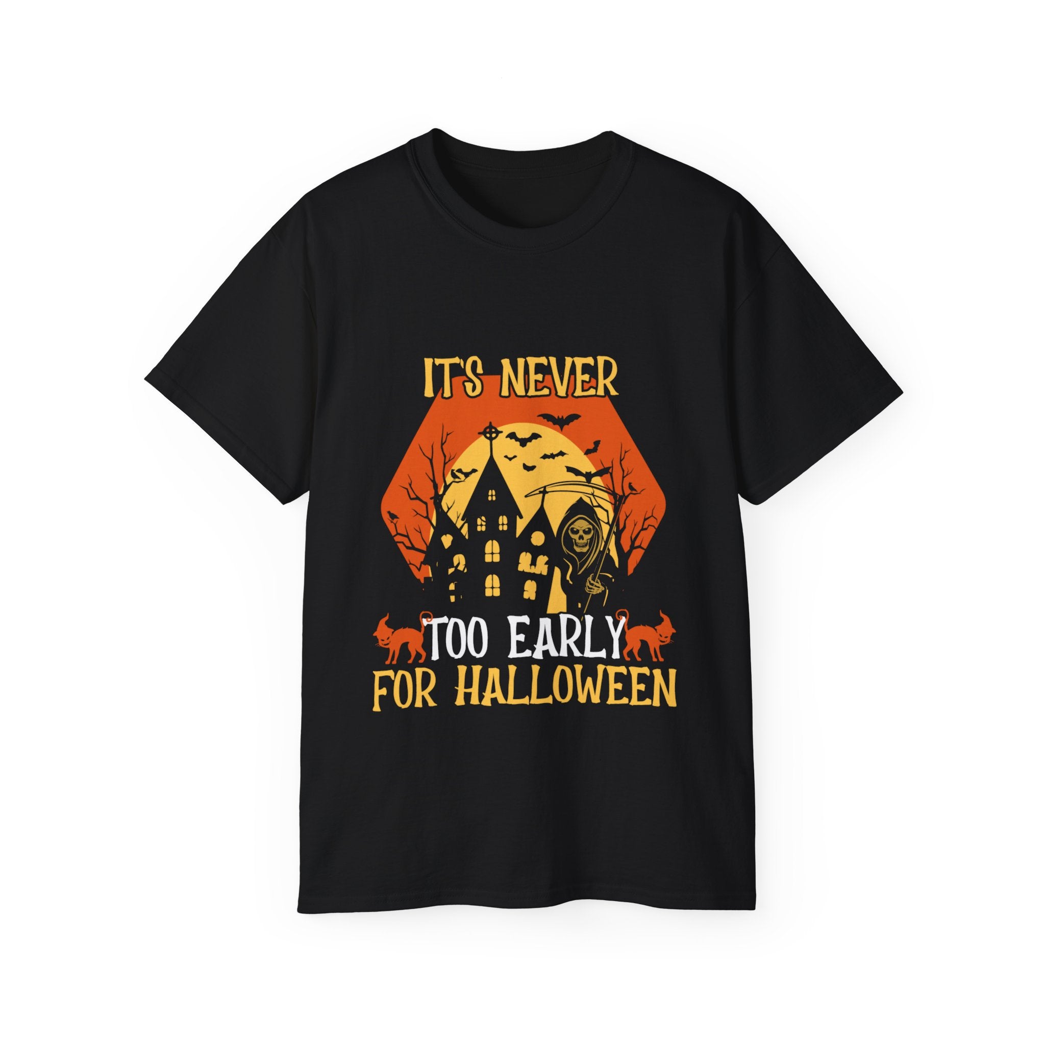 Celebrate Halloween year-round with the "It's Never Too Early for Halloween" T-shirt. Made from 100% ethical cotton, this unisex tee offers comfort and a bold design. Available in all sizes!