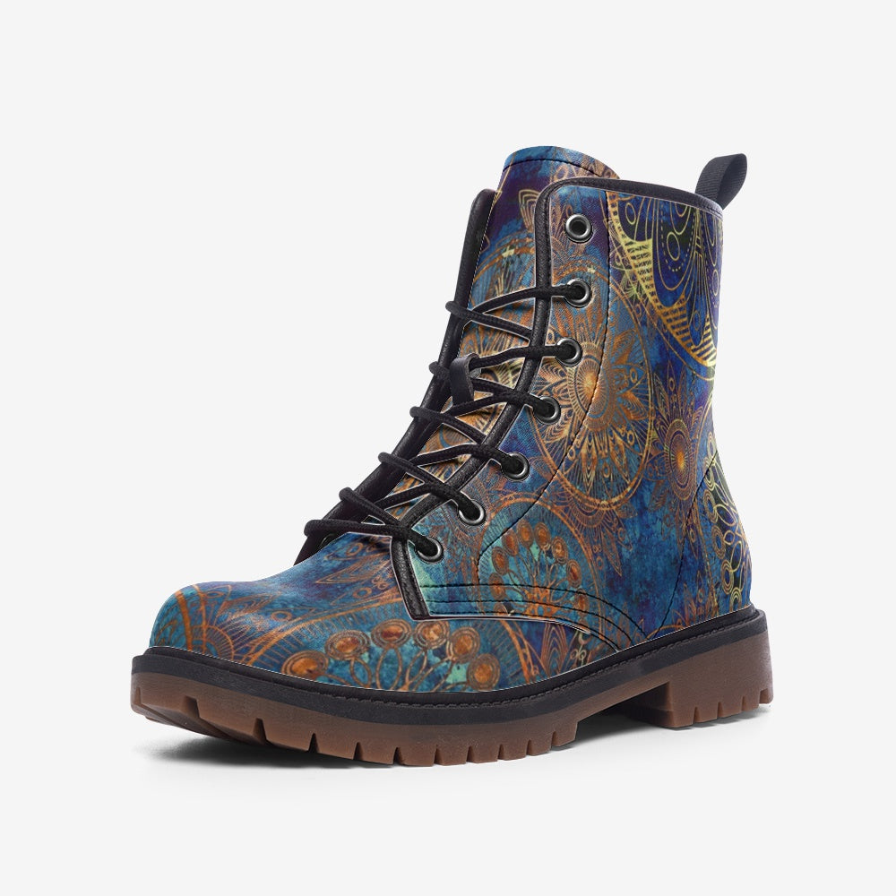 Discover the Mandala Blue Vegan Combat Boots with intricate mandala designs and sustainable vegan leather. Make an eco-friendly fashion statement. Shop now at Unikiff!

