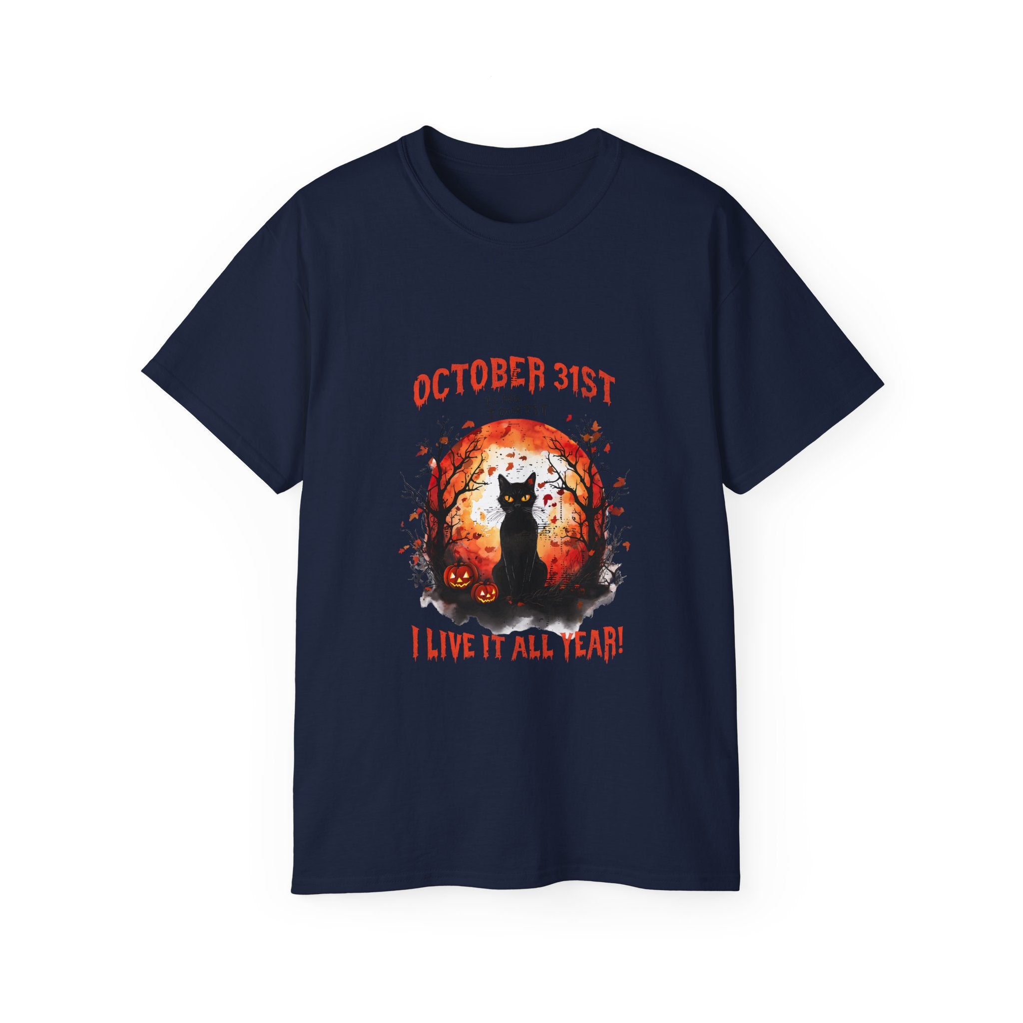 Celebrate Halloween all year long with the "October 31st – I Live It All Year!" Black Cat T-Shirt! Featuring a black cat, pumpkins, and a glowing moon, this spooky navy blue shirt is perfect for Halloween enthusiasts. Available in all sizes!

