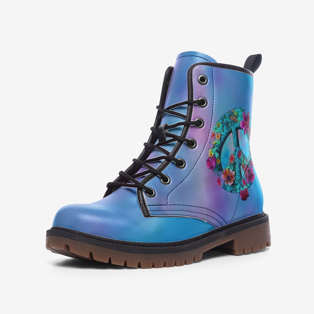 Step into sustainable fashion with the Peace & Floral Vegan Combat Boots. These eco-friendly boots feature a vibrant peace symbol and floral design, crafted from premium vegan leather. Shop now for cruelty-free, stylish footwear!

