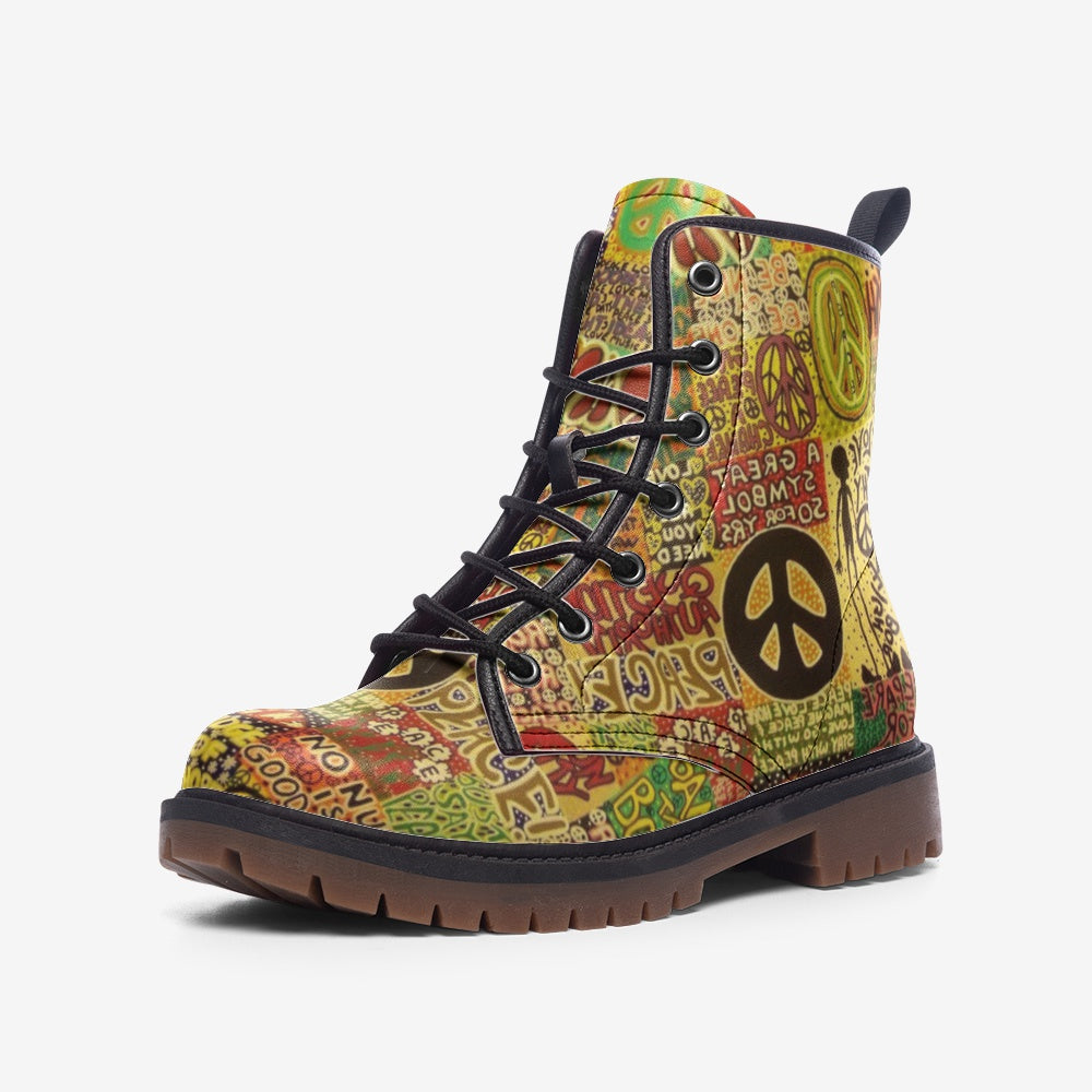 Stand out with Peace Symbol Graffiti Vegan Combat Boots! Featuring a bold graffiti design and crafted from sustainable vegan leather, these boots offer style and comfort. Shop eco-friendly fashion at Unikiff now!

