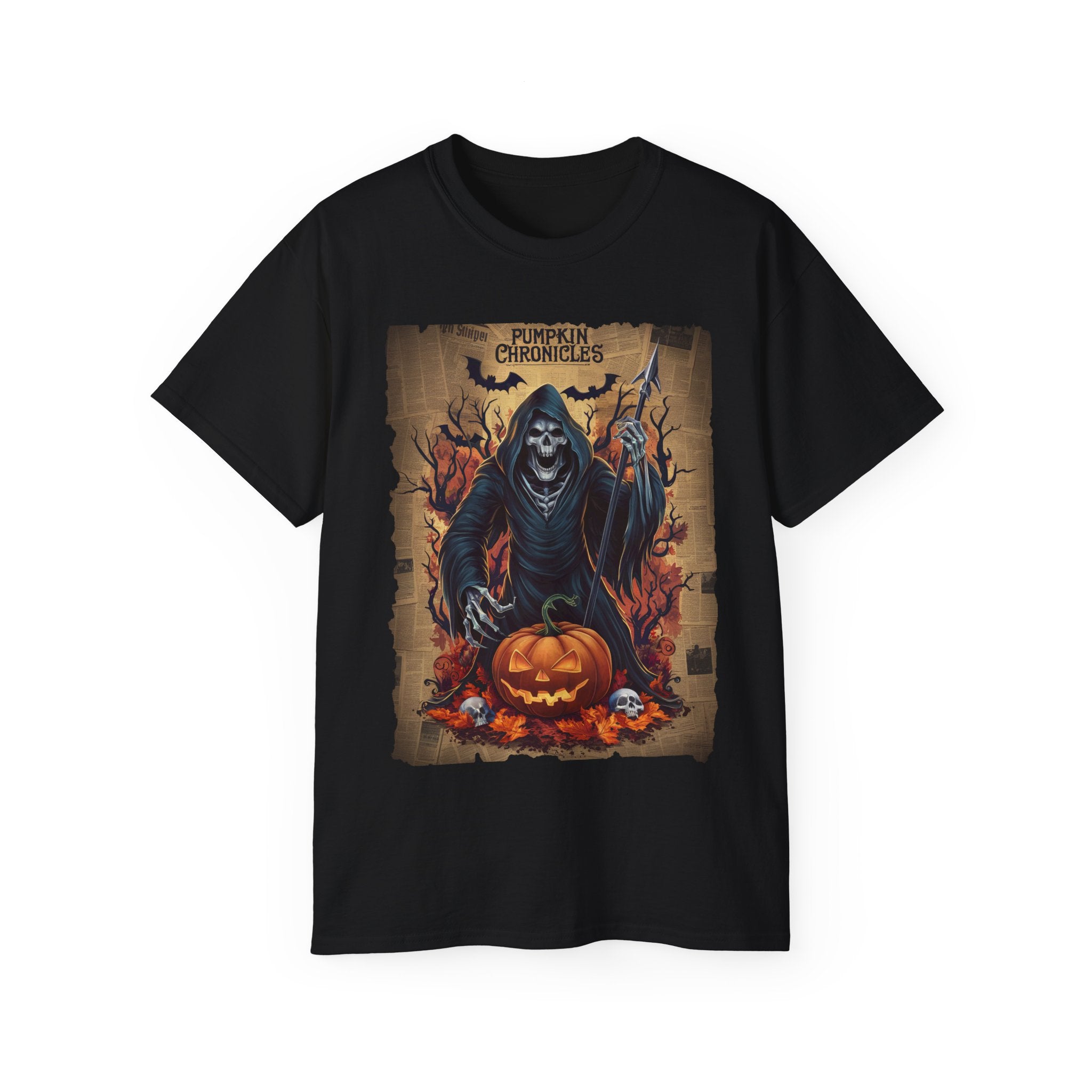 Get spooky with this Pumpkin Chronicles Grim Reaper T-Shirt! Featuring a Grim Reaper with a scythe, glowing pumpkin, and skulls, this black Halloween t-shirt is perfect for horror fans. Available in all sizes!