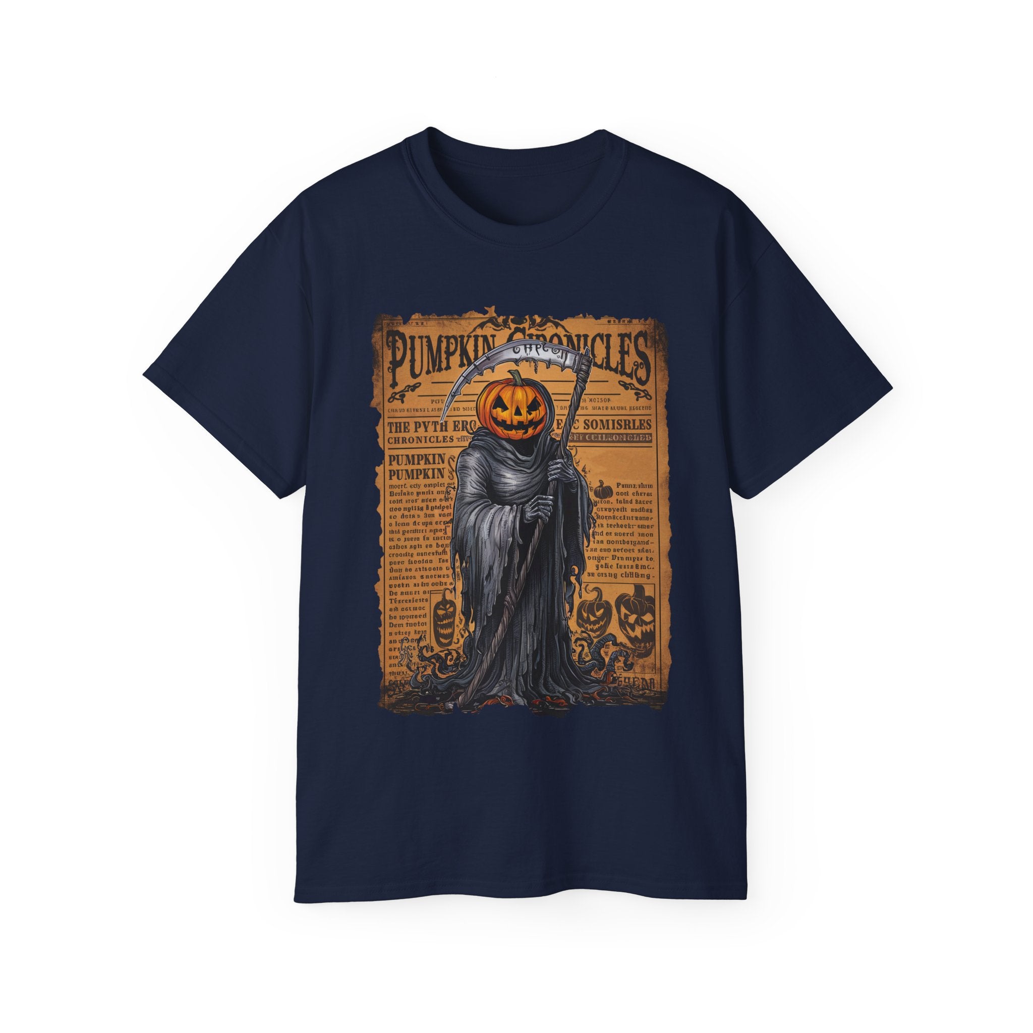 Get spooky with this Pumpkin Chronicles Grim Reaper T-Shirt! Featuring a detailed pumpkin-headed Grim Reaper design with vintage print, this navy blue Halloween t-shirt is perfect for horror fans. Available in all sizes!