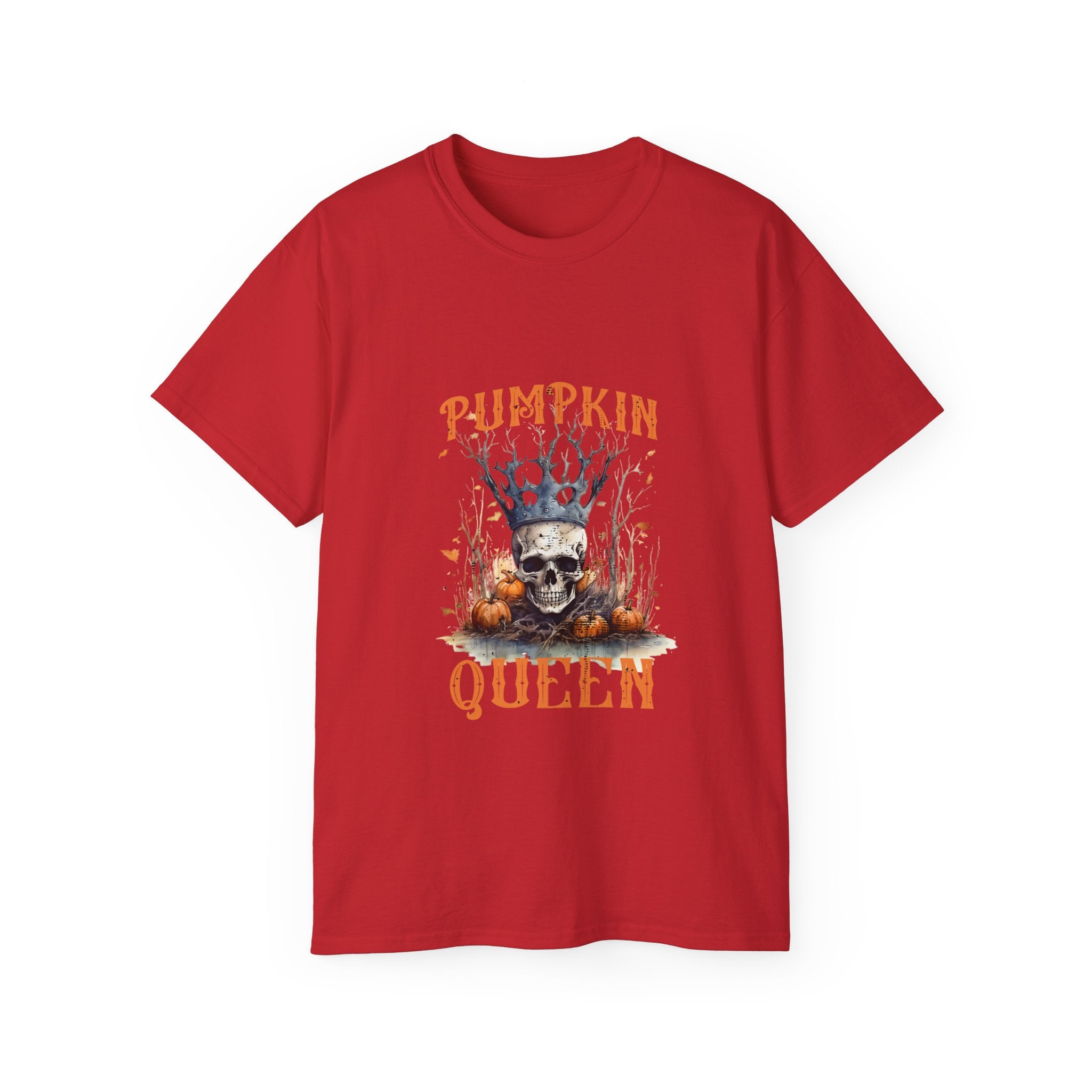 Embrace your Halloween royalty with the Pumpkin Queen Skull T-Shirt! Featuring a crowned skull surrounded by pumpkins and autumn leaves, this bold red t-shirt is perfect for Halloween parties and fall events. Available in all sizes!