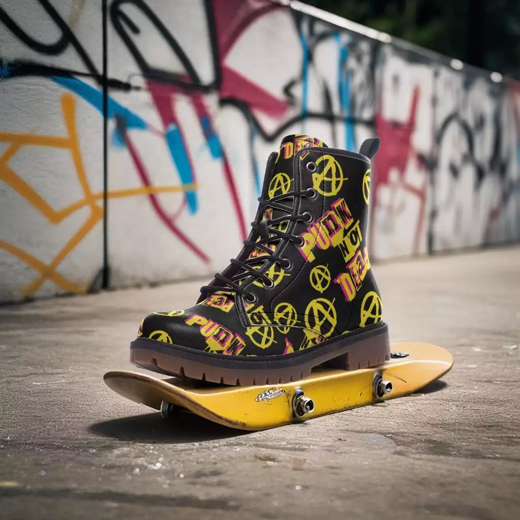 Punk Vegan Combat Boots with graffiti-inspired designs and rugged soles, perfect for the rebellious spirit, made from 100% cruelty-free materials