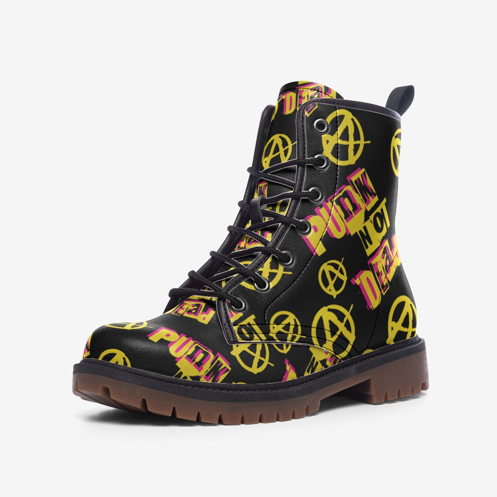 Step into rebellion with our "Punk Not Dead" vegan combat boots. Made from eco-friendly materials, designed for comfort and edgy style. Available in all sizes. Order now!

