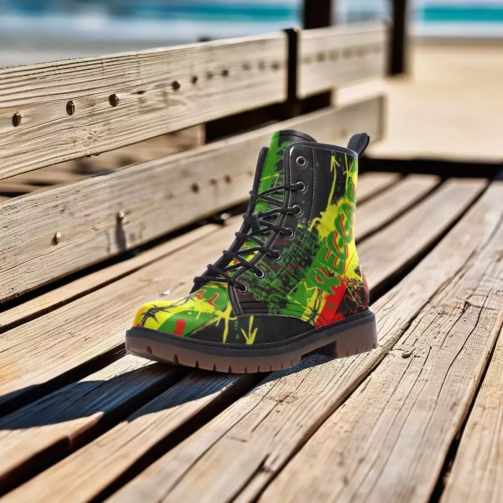 Reggae Vegan Combat Boots featuring Bob Marley, weed-inspired designs, and eco-friendly materials, perfect for free spirits and music lovers.