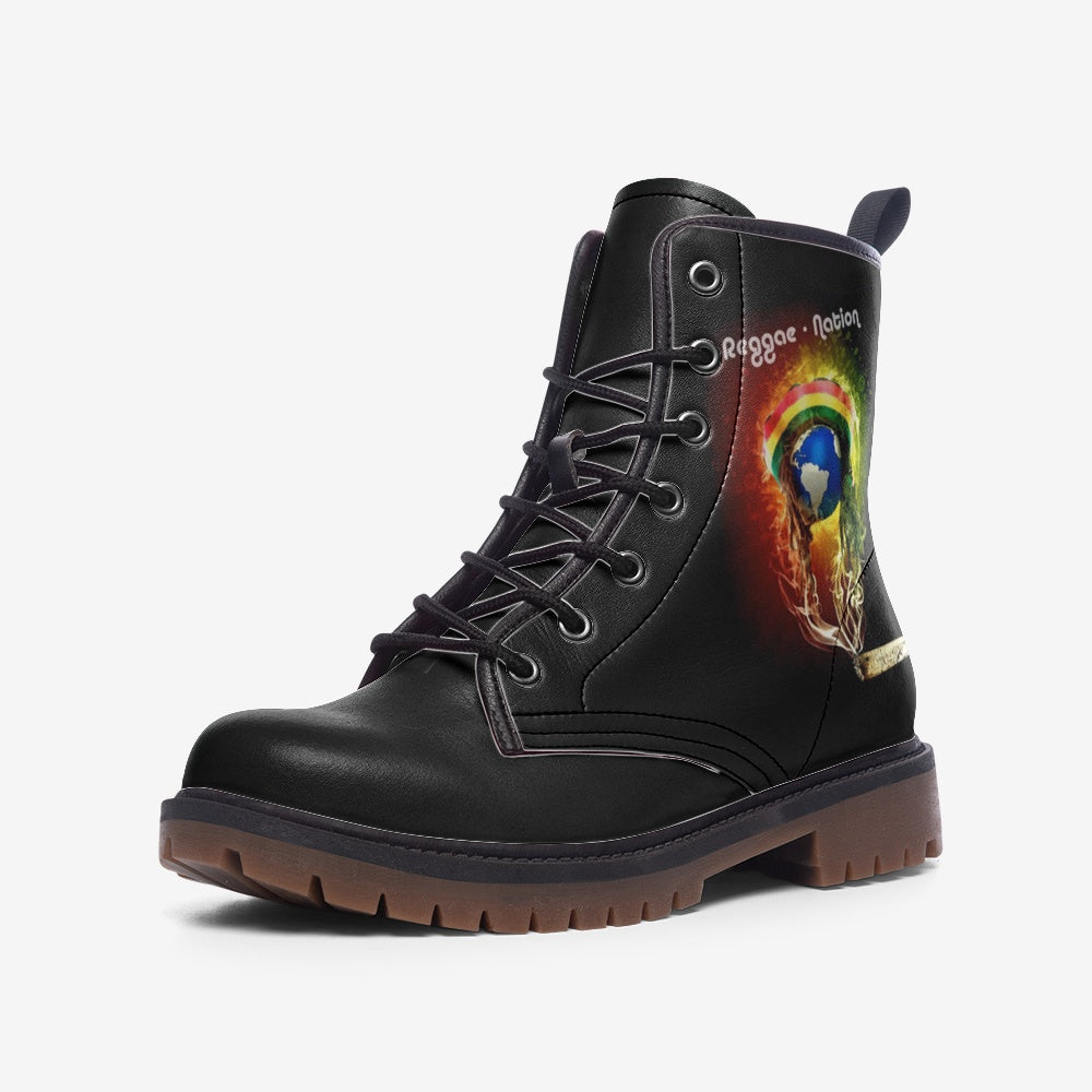 Explore the bold Reggae Nation Vegan Combat Boots, crafted with premium vegan leather. Step out in style with this vibrant reggae-inspired design while supporting eco-conscious fashion. Order today!