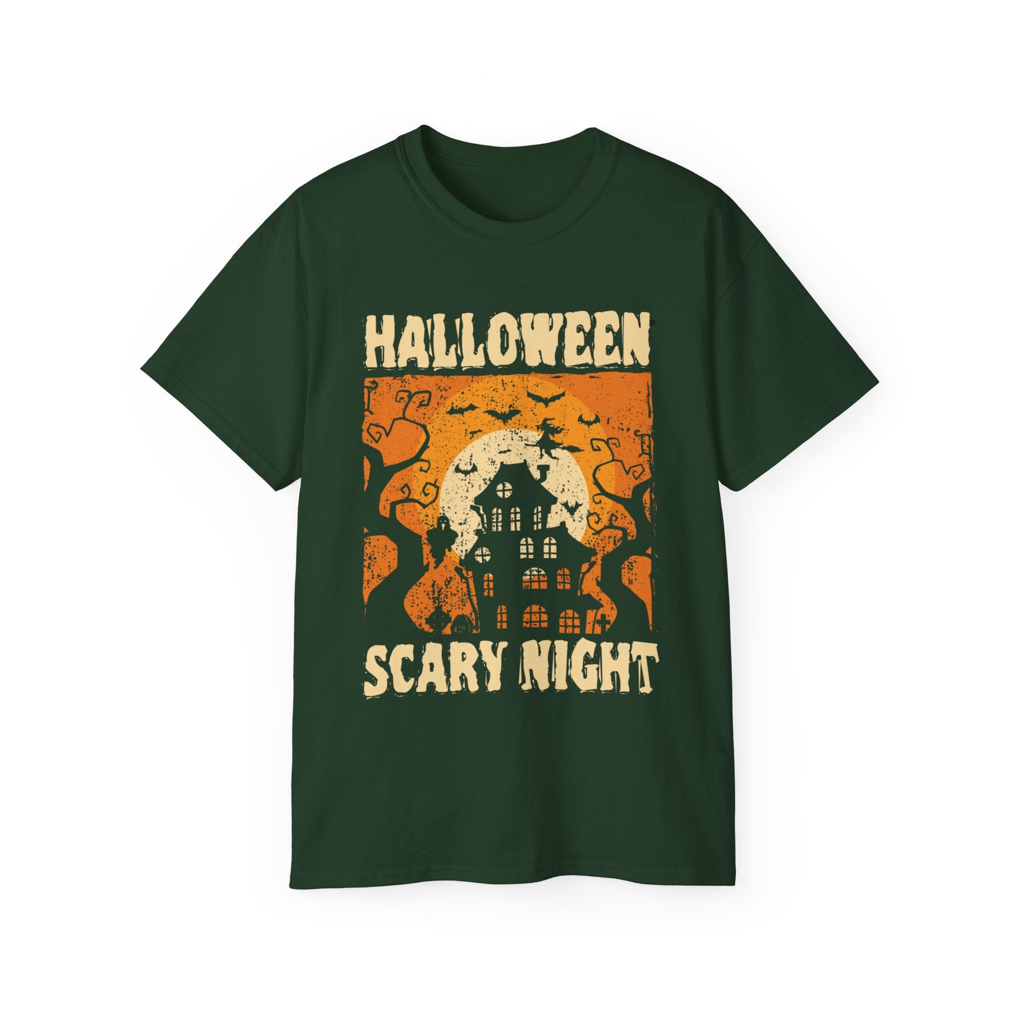 Get ready for Halloween with the Scary Night Halloween T-shirt in forest green. 100% ethically sourced cotton, unisex fit, available in all sizes. Perfect for Halloween lovers!