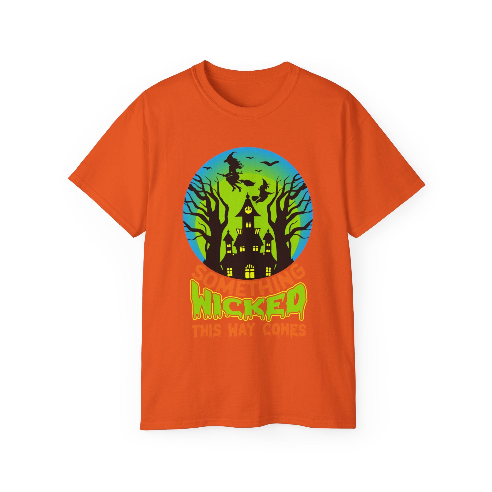 Spook up your Halloween with the "Something Wicked" Halloween T-shirt. This bold orange tee features a haunted house design and witches, made from 100% cotton for comfort and durability.