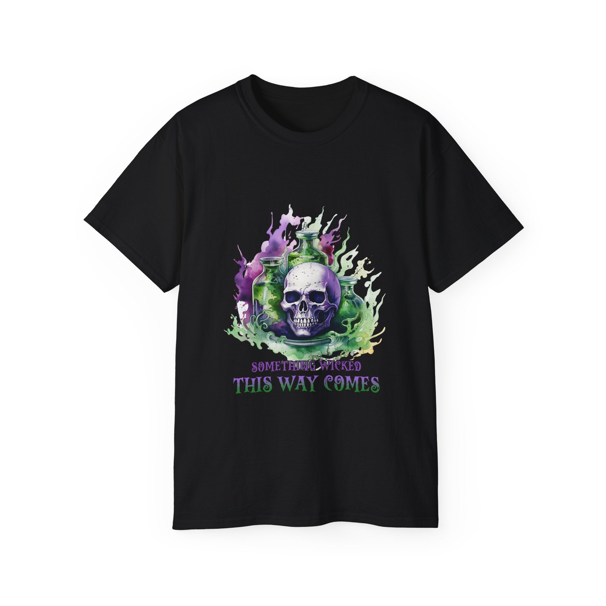 Embrace the spooky season with the "Something Wicked This Way Comes" Skull T-Shirt! Featuring a skull, potion bottles, and swirling flames in vibrant green and purple, this black t-shirt is perfect for Halloween and gothic-themed events. Available in all sizes!
