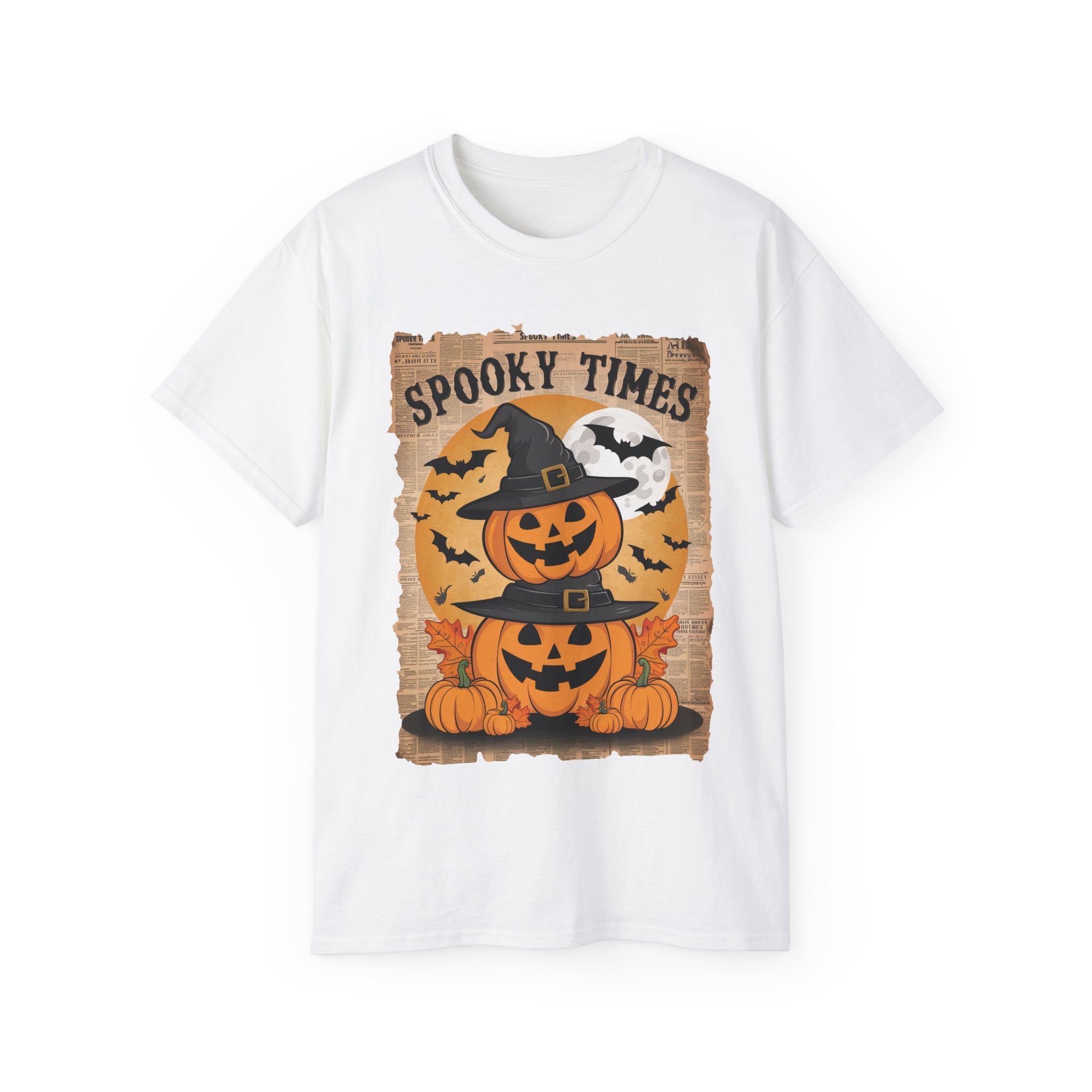 Get into the spooky spirit with this Spooky Times Pumpkin T-Shirt! Featuring two jack-o'-lanterns with witch hats and a vintage design, this fun Halloween shirt is perfect for Halloween parties and fall outings. Available in all sizes!
