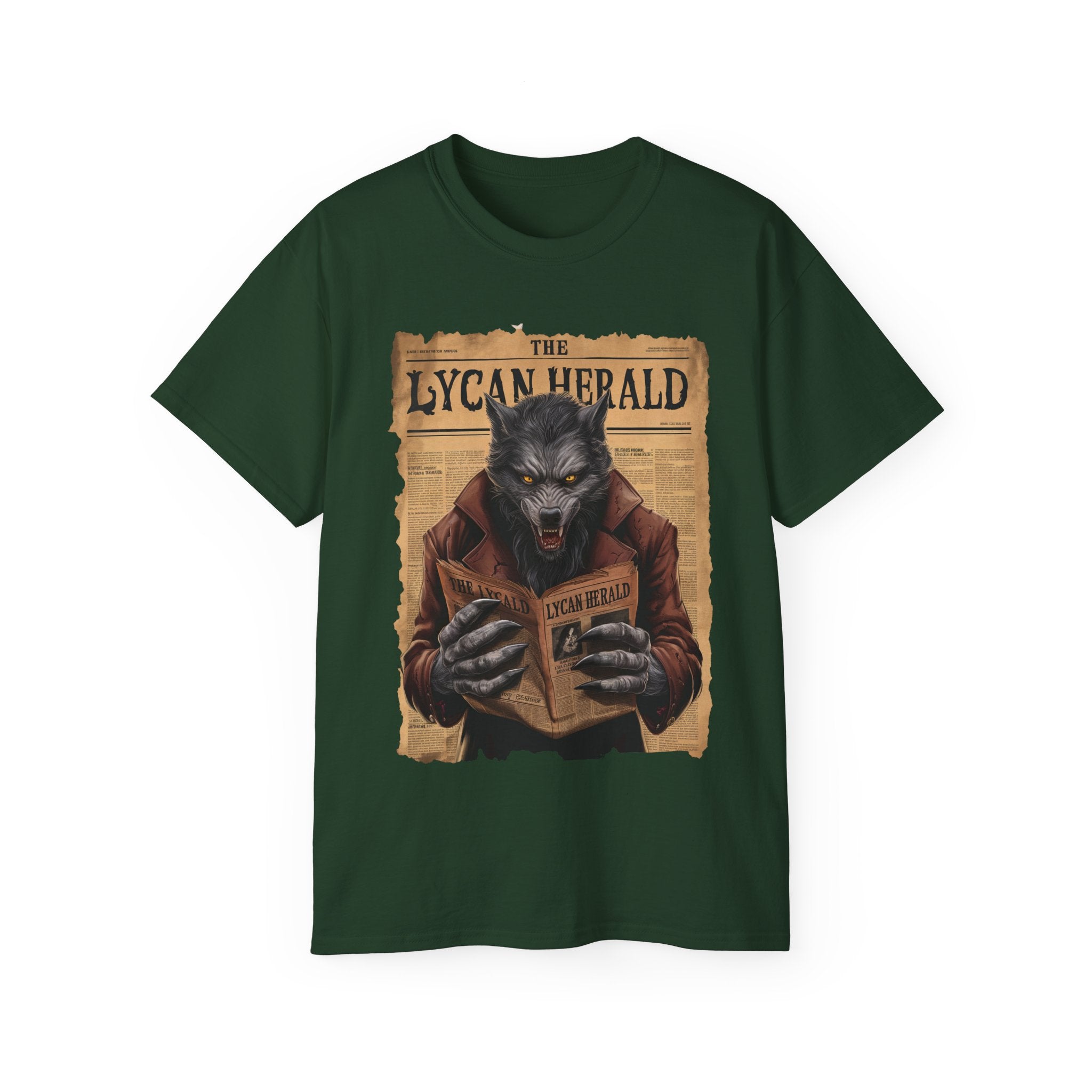 Unleash your inner beast with this Lycan Herald Werewolf T-Shirt! Featuring a detailed werewolf reading a vintage newspaper, this dark green Halloween shirt is perfect for horror fans. Available in all sizes!