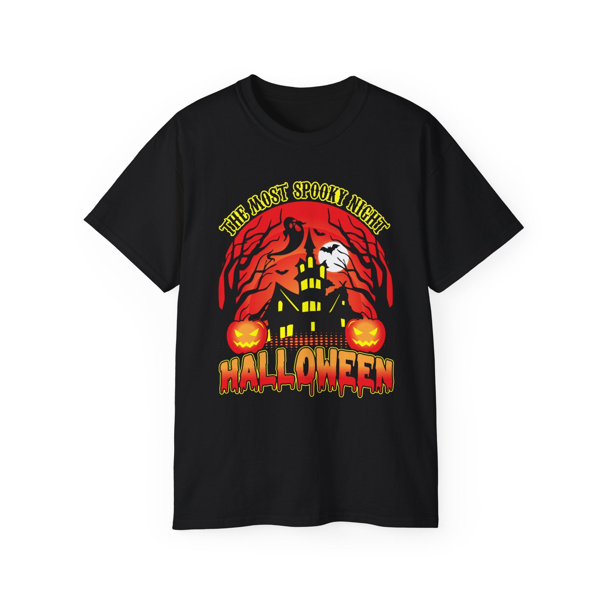 Get into the Halloween spirit with "The Most Spooky Night" t-shirt in black. Bold haunted house design with glowing pumpkins. Perfect for Halloween events!