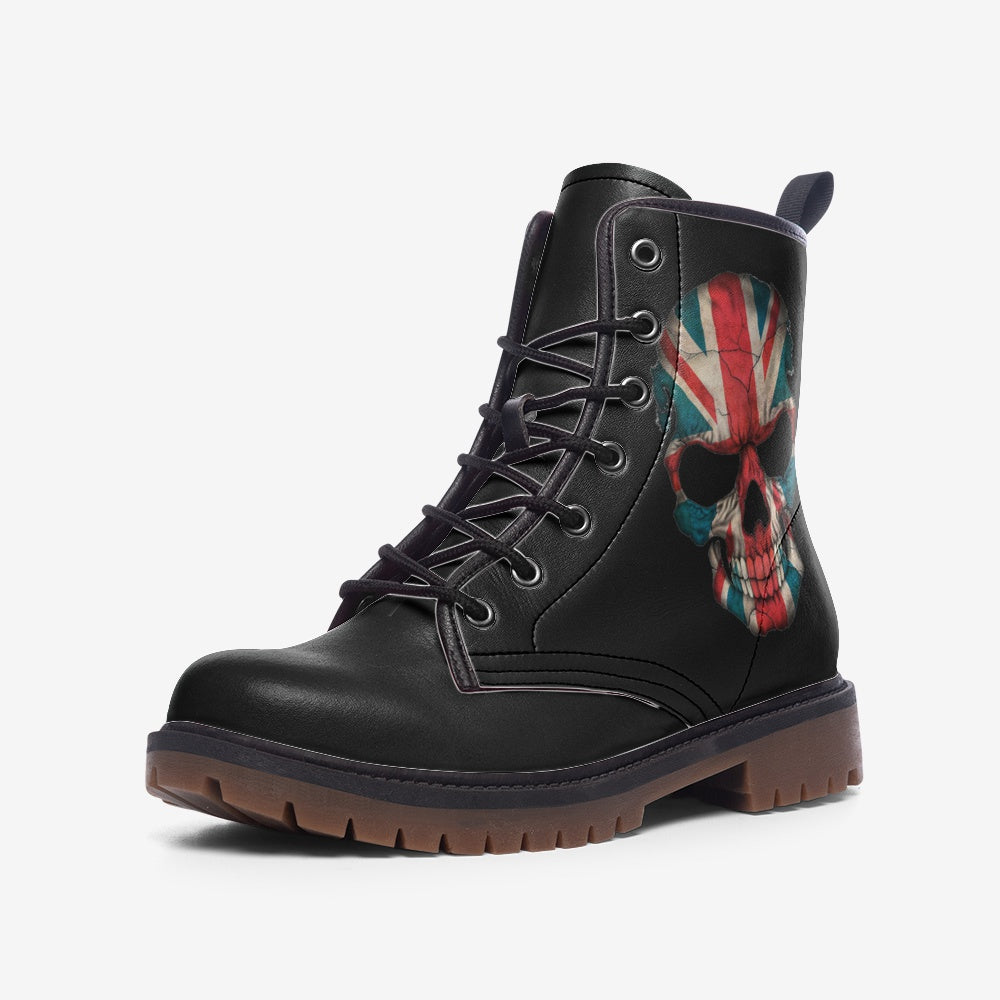 Discover stylish Union Jack Skull Vegan Combat Boots. 100% cruelty-free, durable, and eco-friendly. Order now and make a bold, sustainable statement!