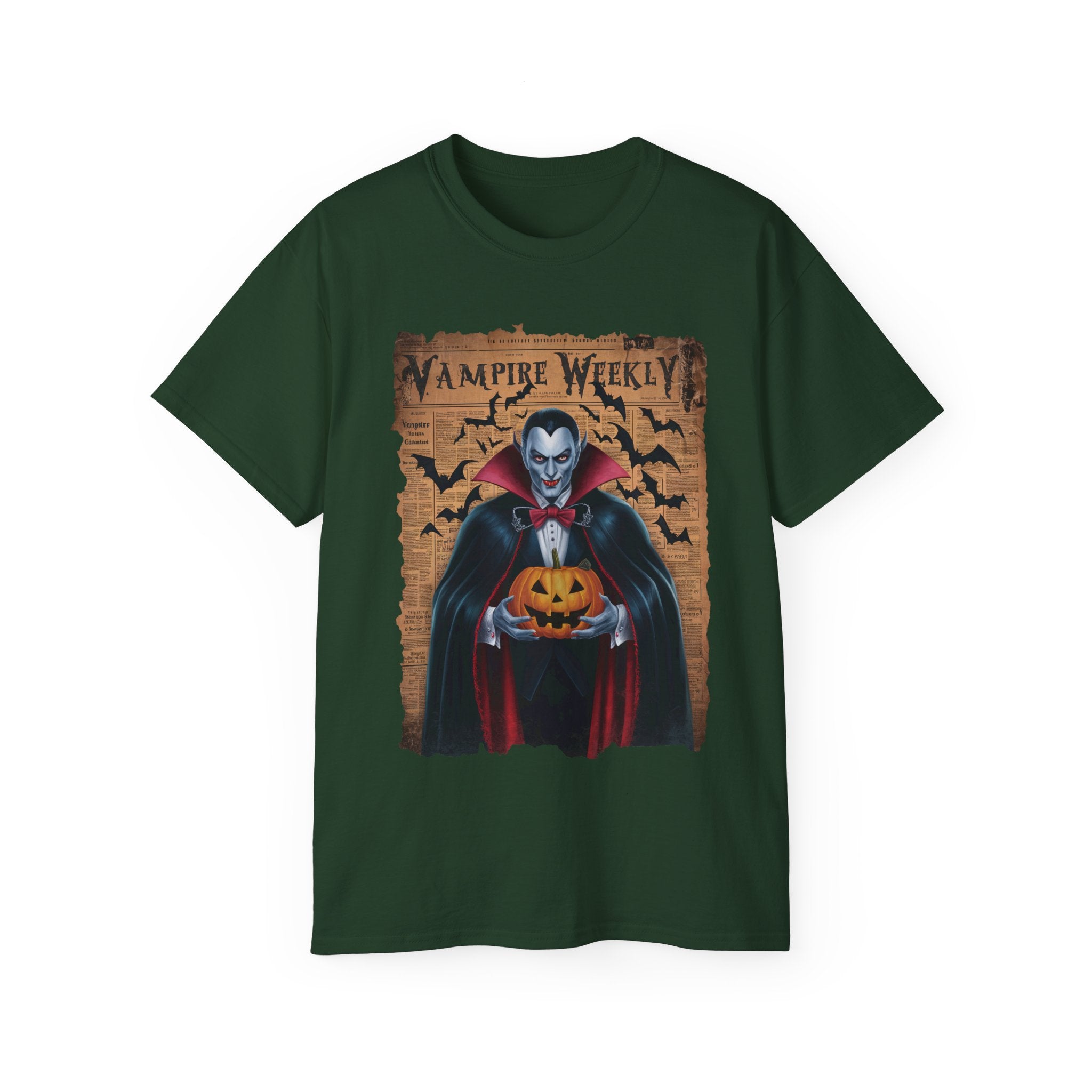 Celebrate Halloween with this Vampire Weekly T-Shirt! Featuring a classic Dracula holding a pumpkin with a vintage design, this dark green tee is perfect for spooky season. Available in all sizes!