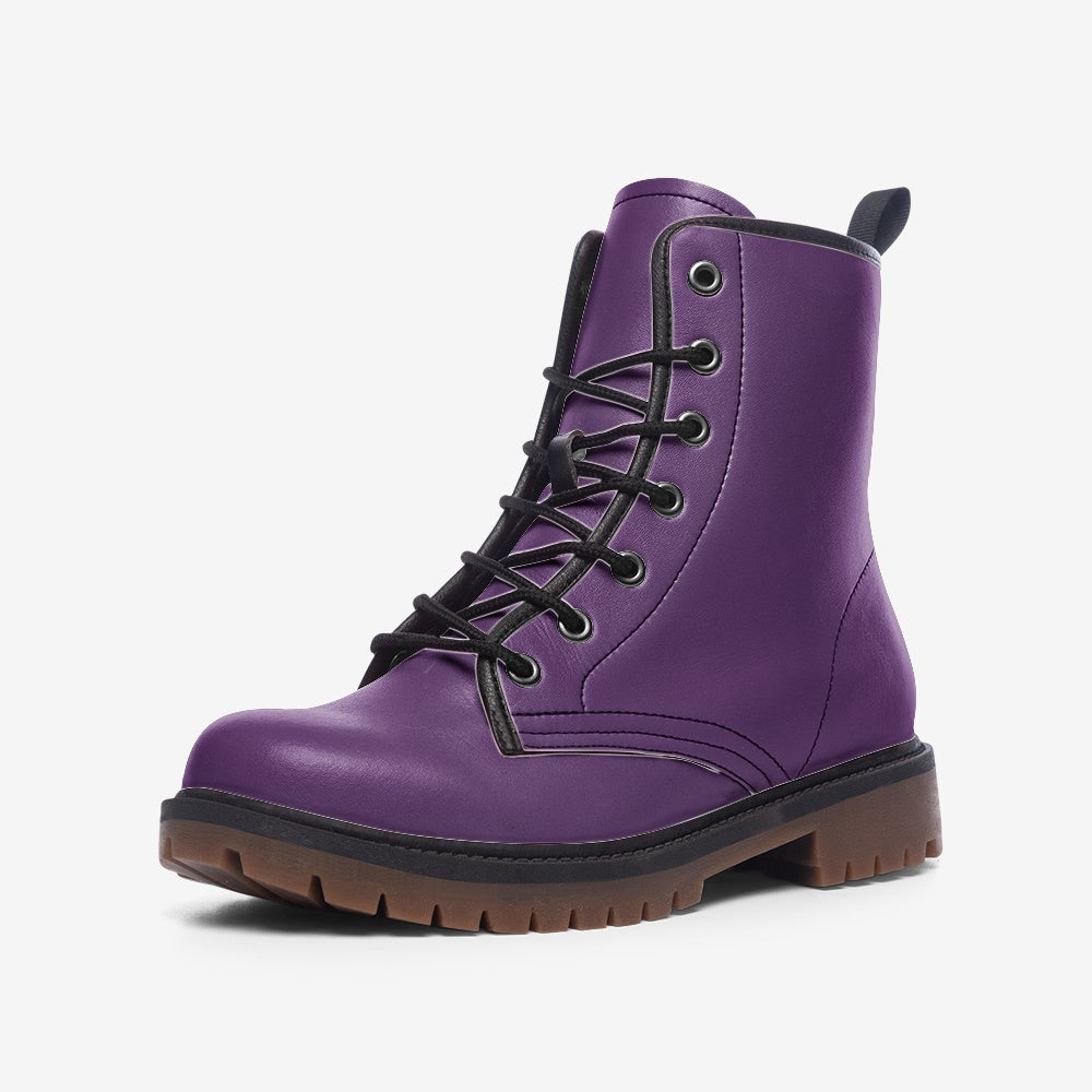 iscover Unikiff's eco-friendly purple Vegan Combat Boots. Made from sustainable vegan leather, offering durability and style for conscious consumers.