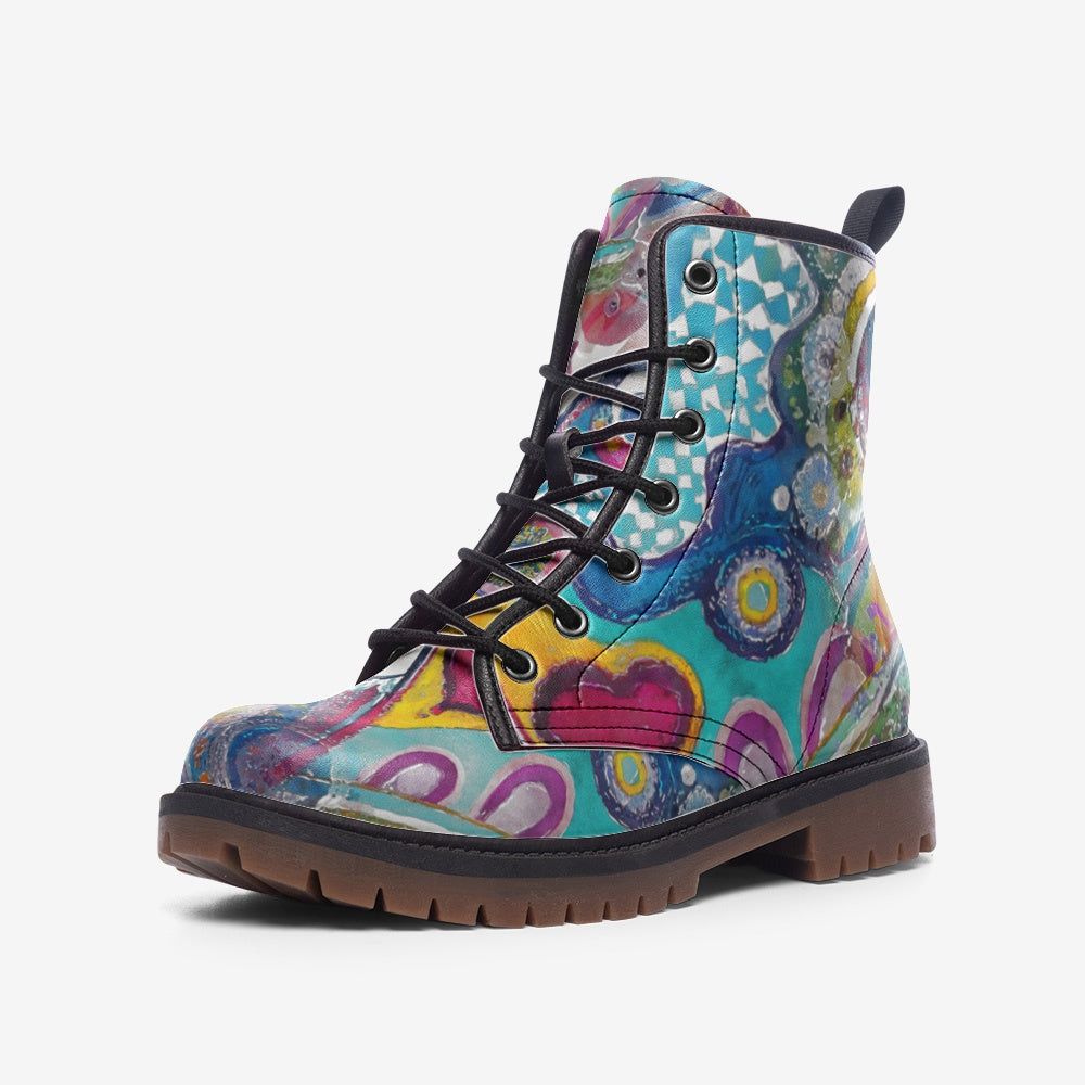  Explore your unique style with these Vibrant Artistic Vegan Combat Boots. Crafted from cruelty-free vegan leather, featuring bold colors and a striking design. Step into sustainable fashion today!