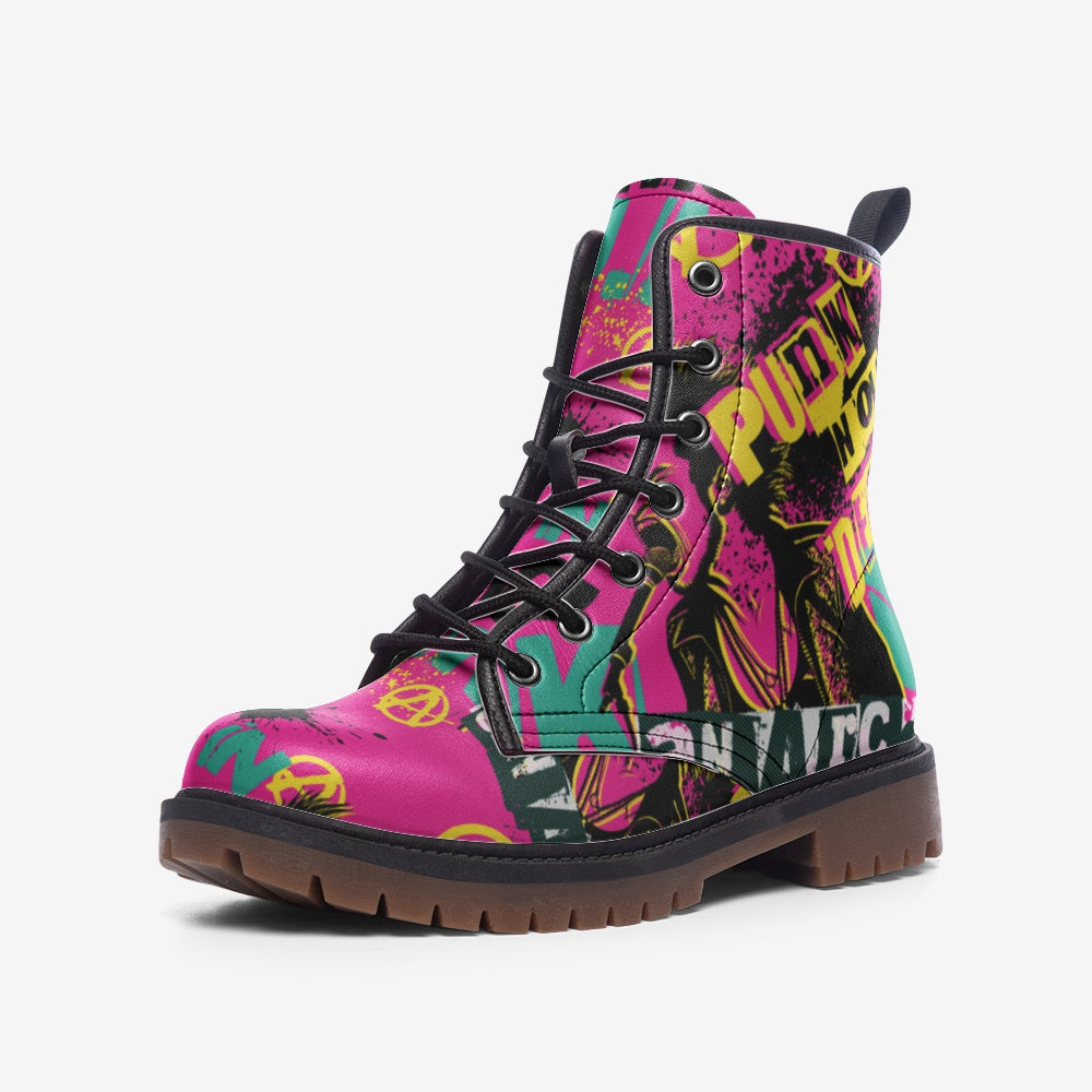 Stand out with these bold, colorful punk vegan combat boots. 100% cruelty-free and eco-friendly. Perfect for making a statement in both style and ethics.


