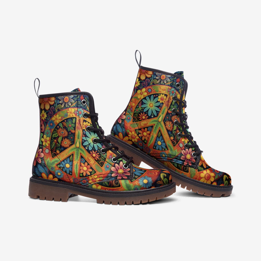 Vegan Combat Boots Hippie Colorful Peace Flower