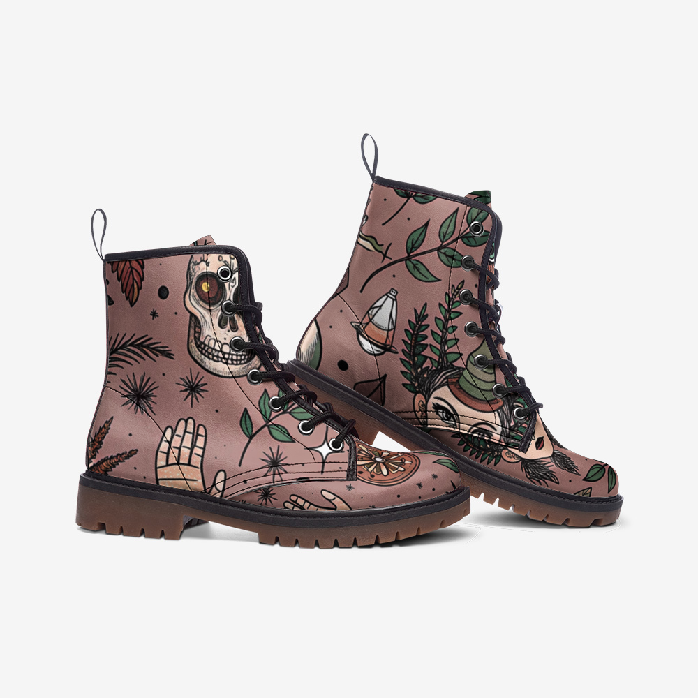 Mystic Palmistry Vegan Combat Boots – Skull & Botanical Print