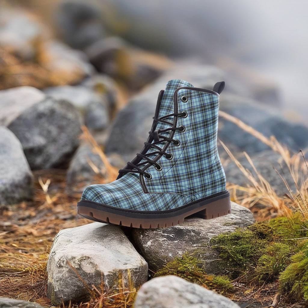 Blue Tartan Combat Boots made of faux leather, stylish and eco-friendly