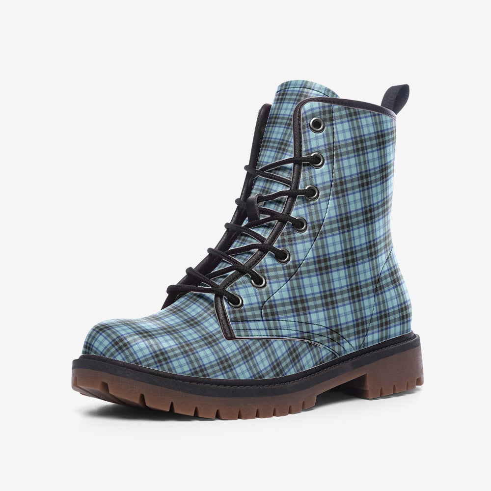 Blue Tartan Vegan Combat Boots made of faux leather, stylish and eco-friendly