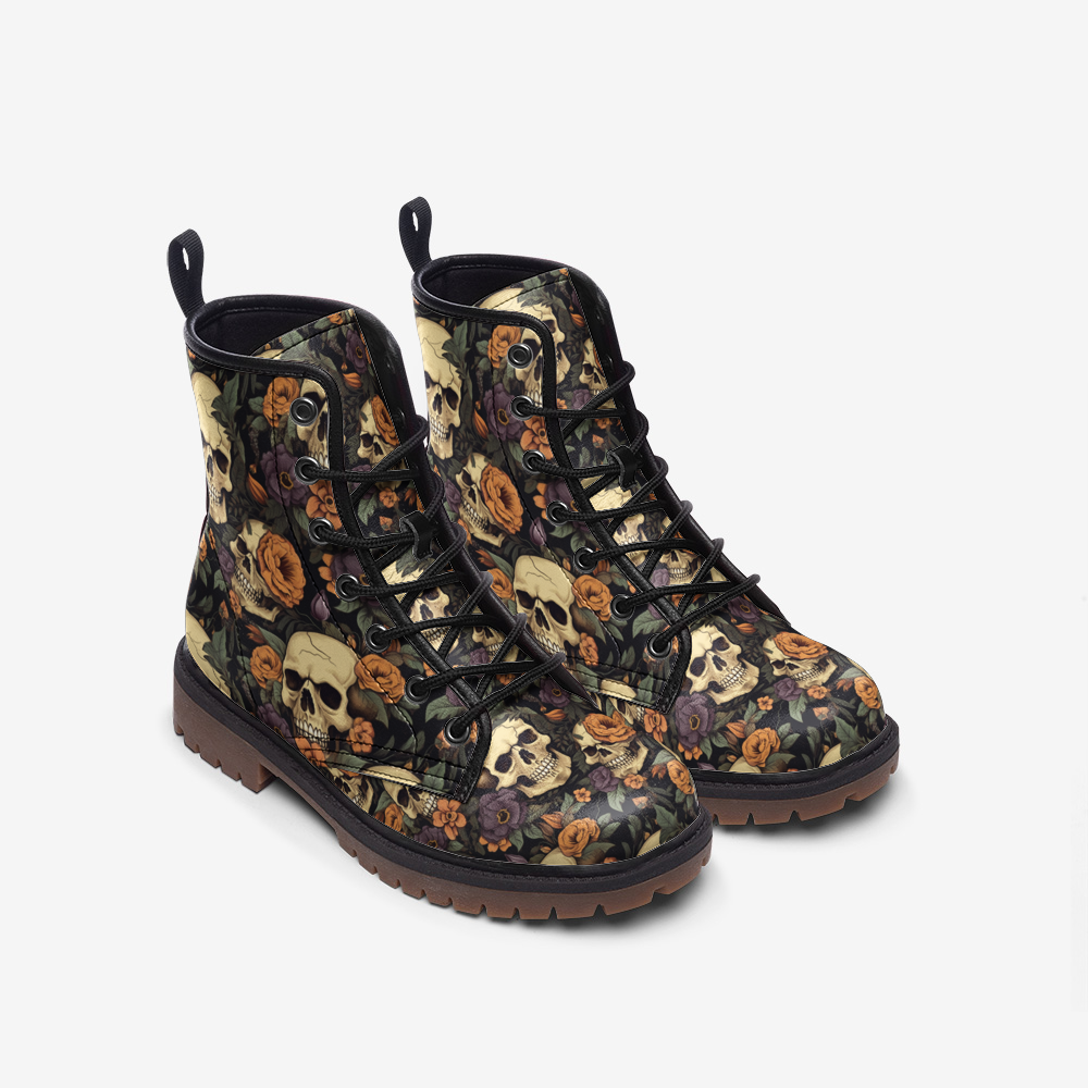 Skull & Floral Combat Boots – Vegan Gothic Style